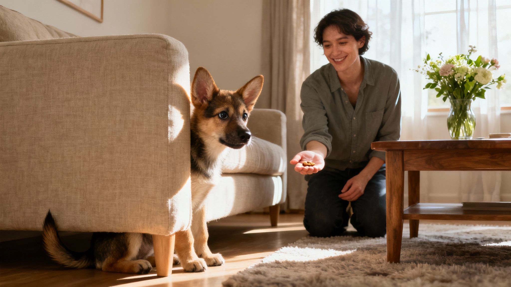 A small, timid-looking puppy cautiously peeks out from behind a person's leg in a park.