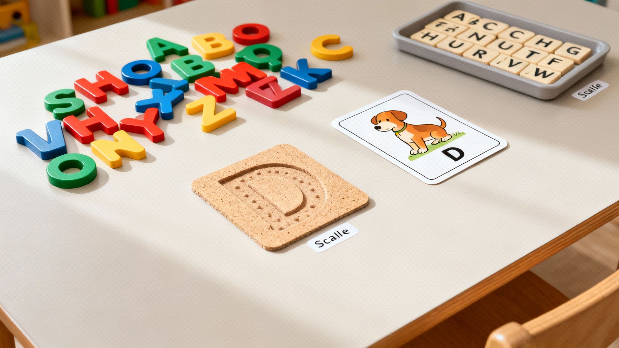 Colorful alphabet letters, a letter D tracing board, and a dog flashcard on a table, promoting early literacy.