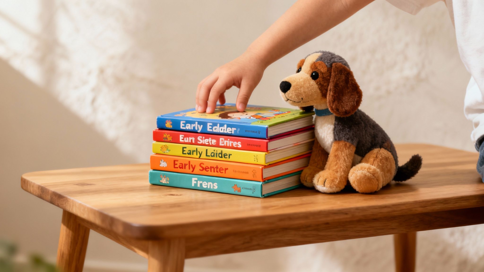 A child's hand reaches for a stack of colorful early reader books next to a beagle toy.