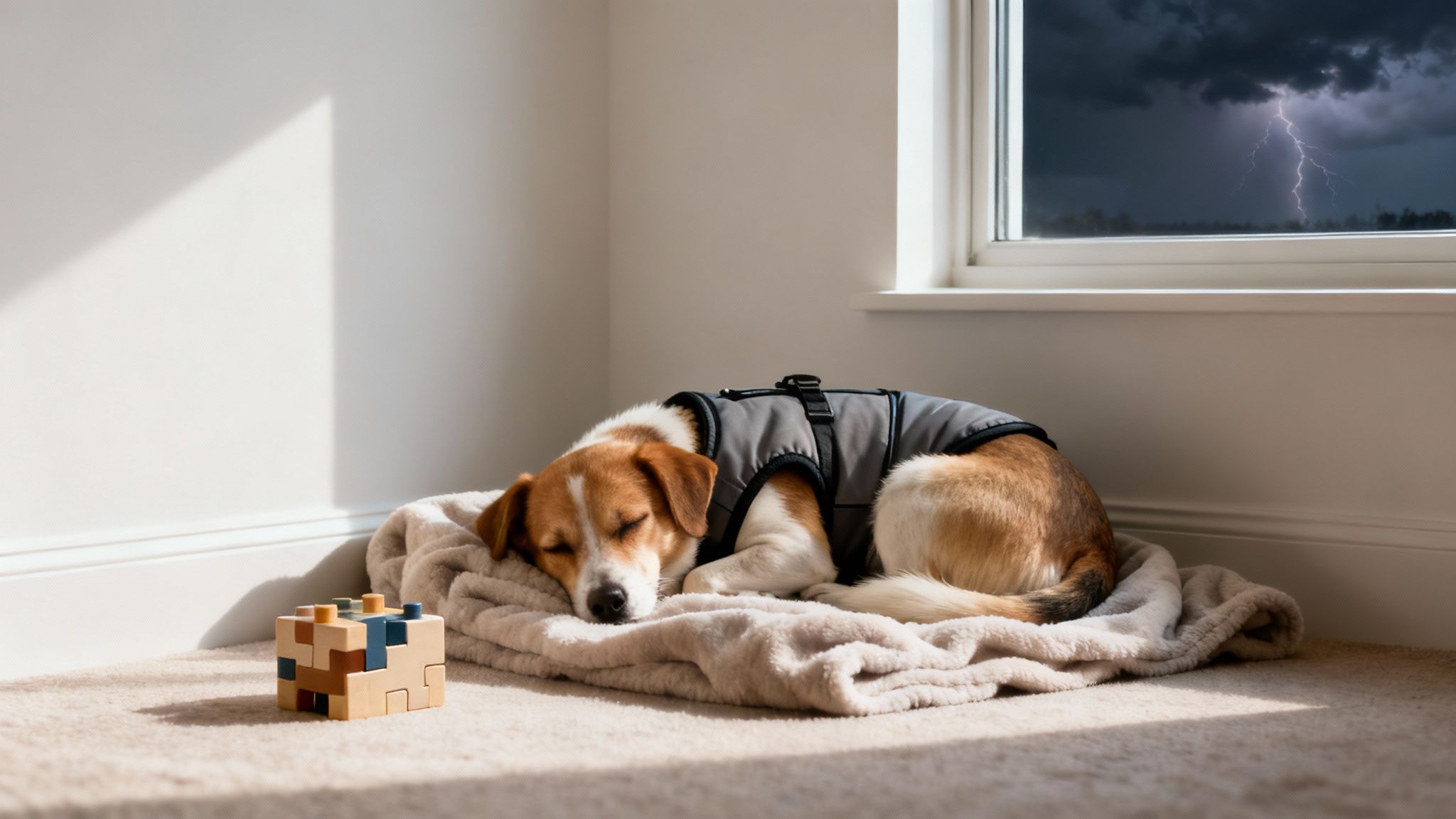 A dog in a thunder shirt sleeps soundly on a blanket while a lightning storm rages outside.