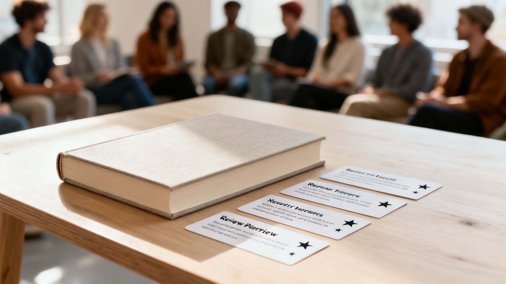 A book and several cards detailing 'reviews' on a wooden table, with a blurred group meeting in the background.