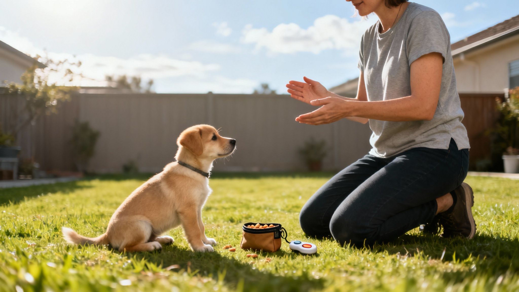 A person and their dog sitting on the floor, applying training lessons from a book.