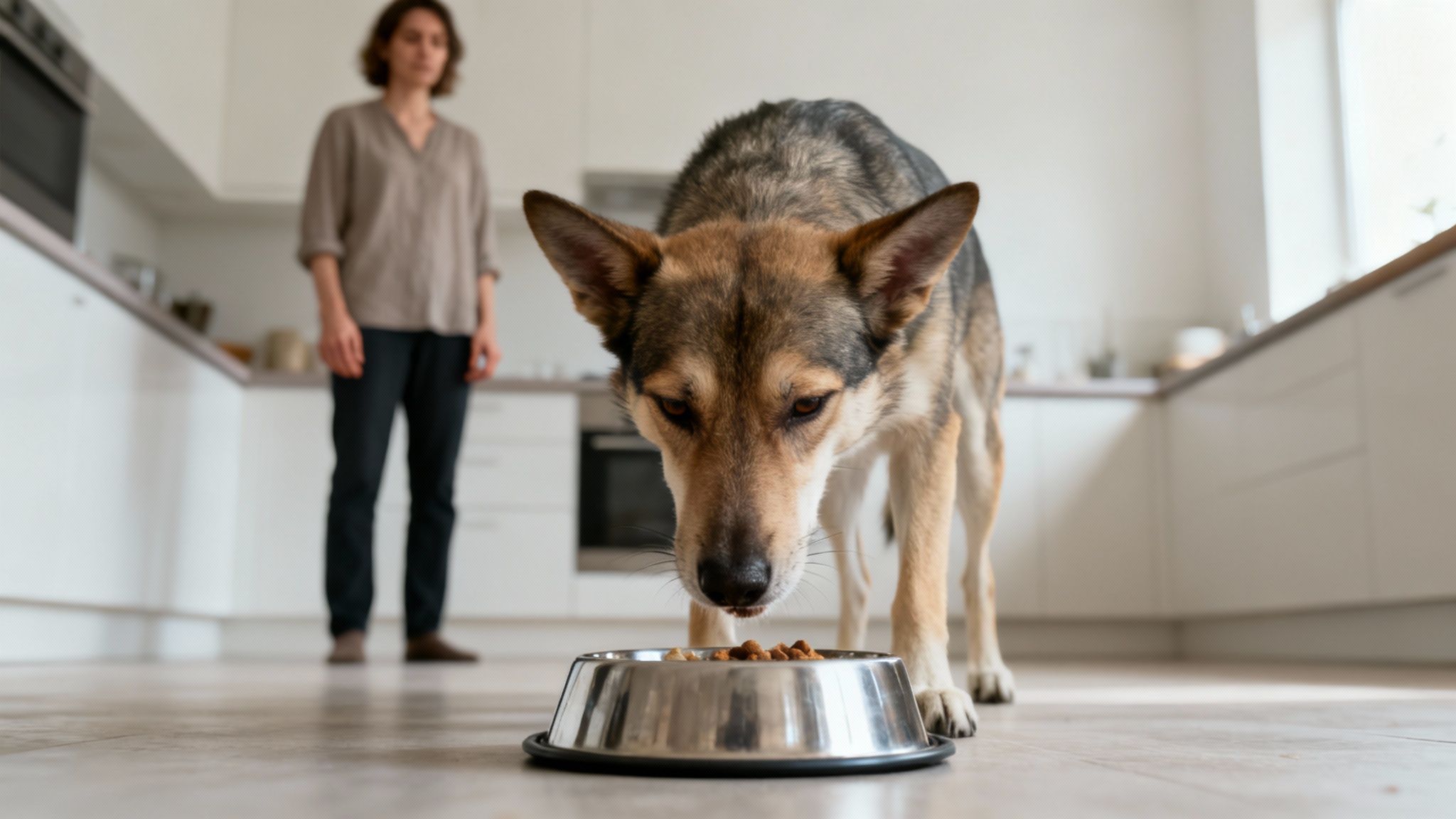 A domestic dog eats dry kibble from a metal bowl on the kitchen floor. A person stands in the background.