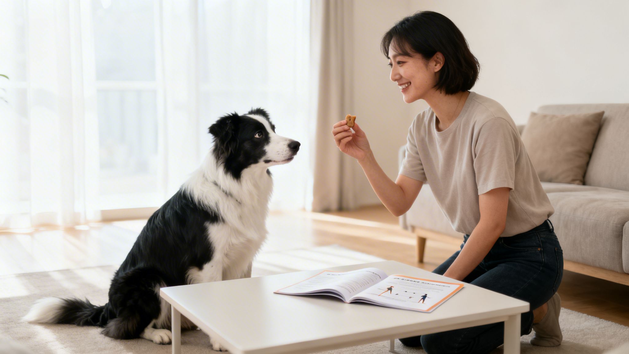 A smiling woman offers a treat to her attentive Border Collie dog in a bright living room.