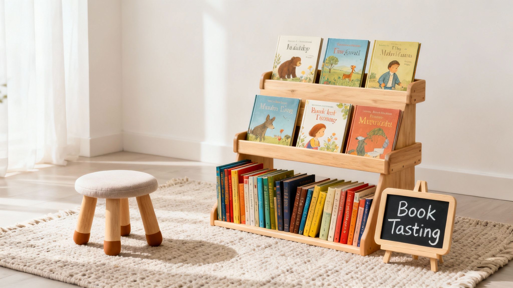 A wooden children's bookshelf with colorful books and a small stool on a cream rug, perfect for a reading nook.
