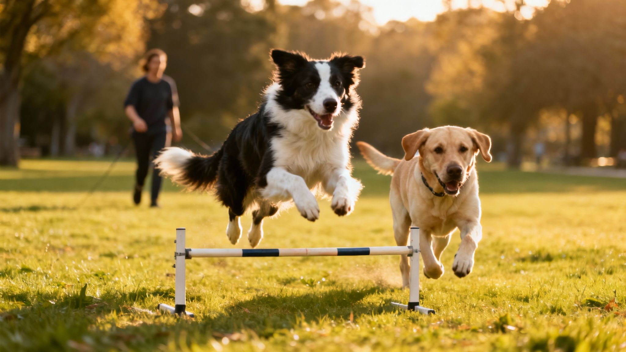 Two happy dogs, a Border Collie and a Labrador, jumping a hurdle in a sunny park.