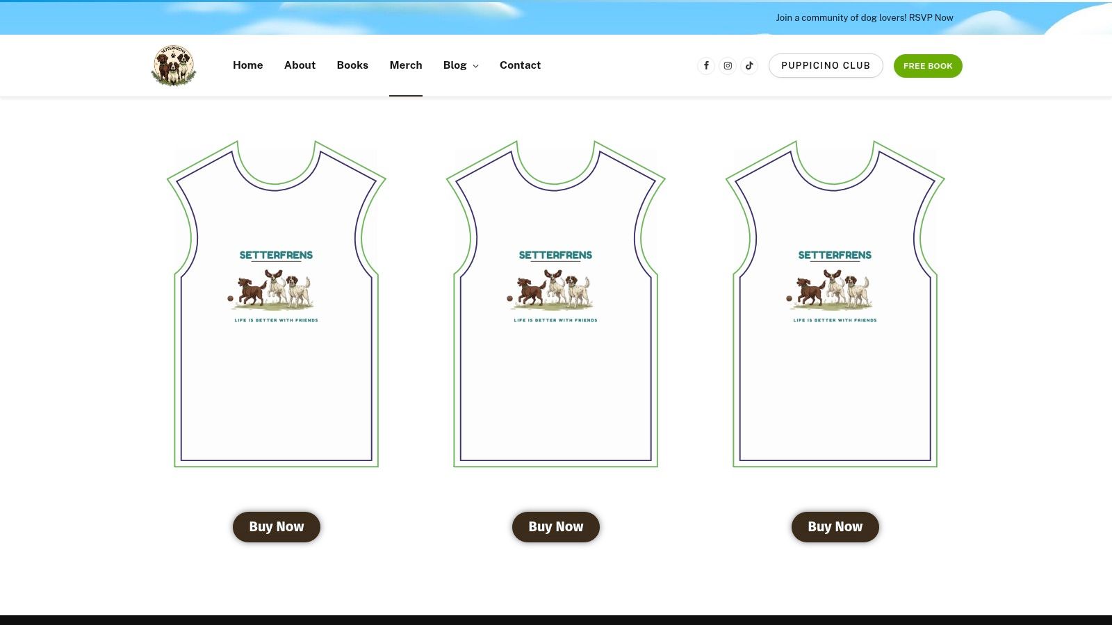 Setterfrens Merch Collection featuring plush toys, books, and other branded items.