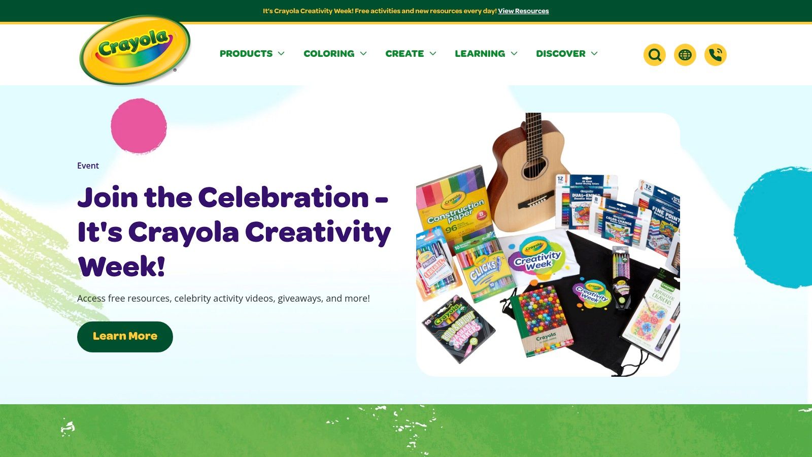 A collection of Crayola art supplies like crayons, markers, and colored pencils, perfect for bringing dog coloring pages to life.