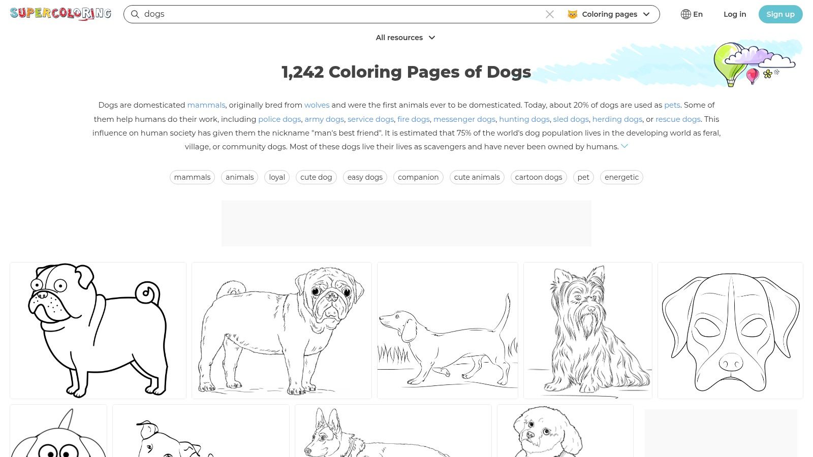 A detailed coloring page of a dog with intricate patterns, showcasing the variety available on SuperColoring.
