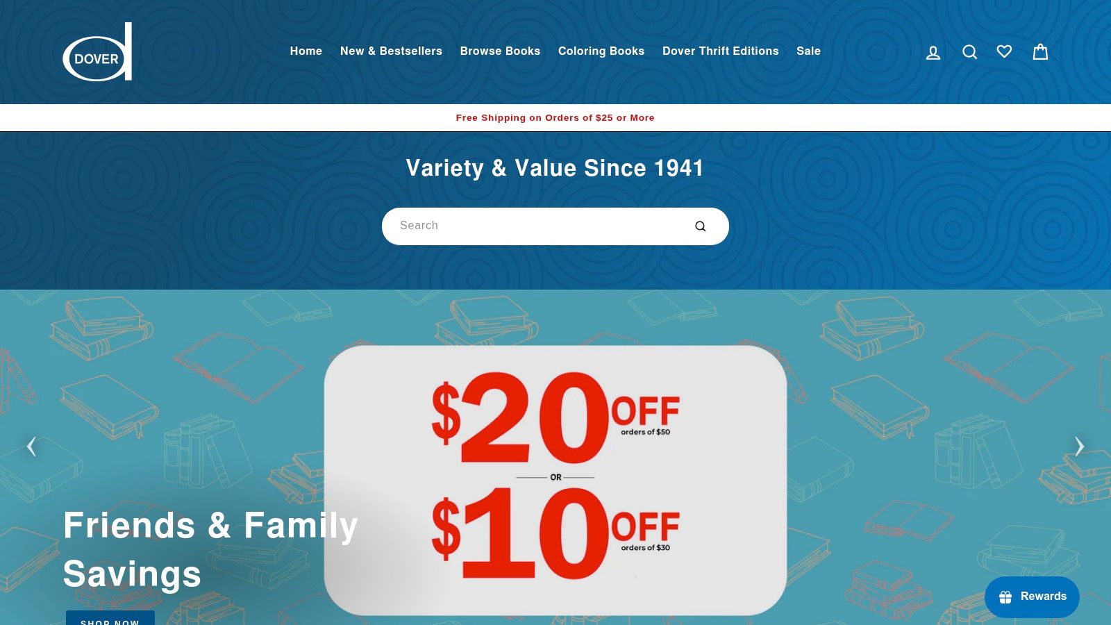 The Dover Publications website homepage, showcasing a variety of coloring and activity books, including those for dog lovers.