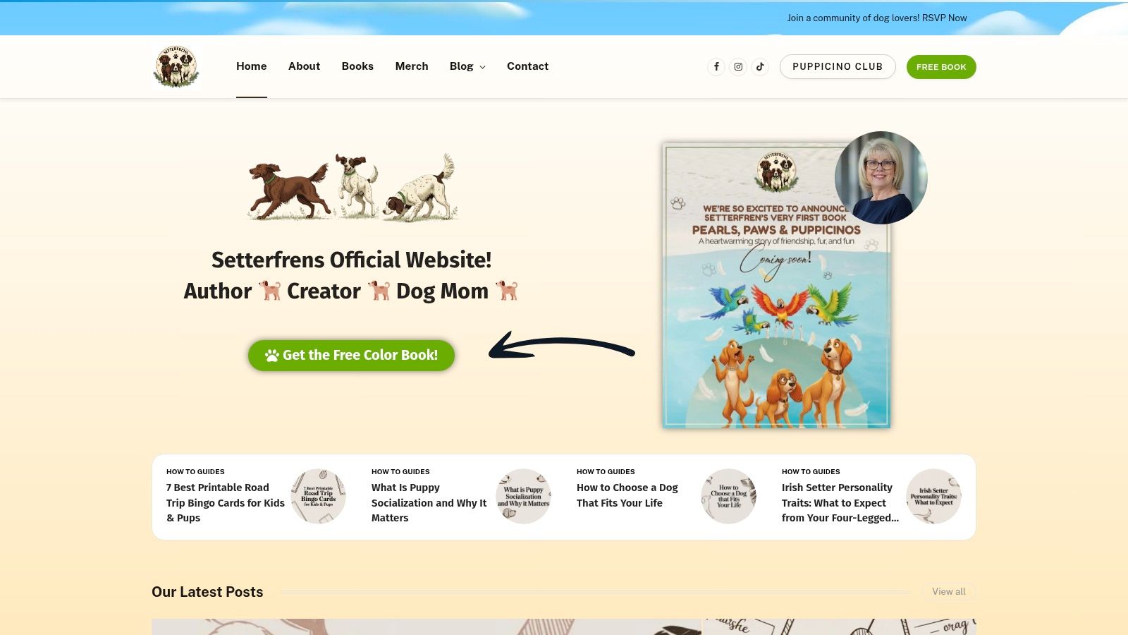 A screenshot of the Setterfrens website showing their book collection with colorful covers and dog illustrations.