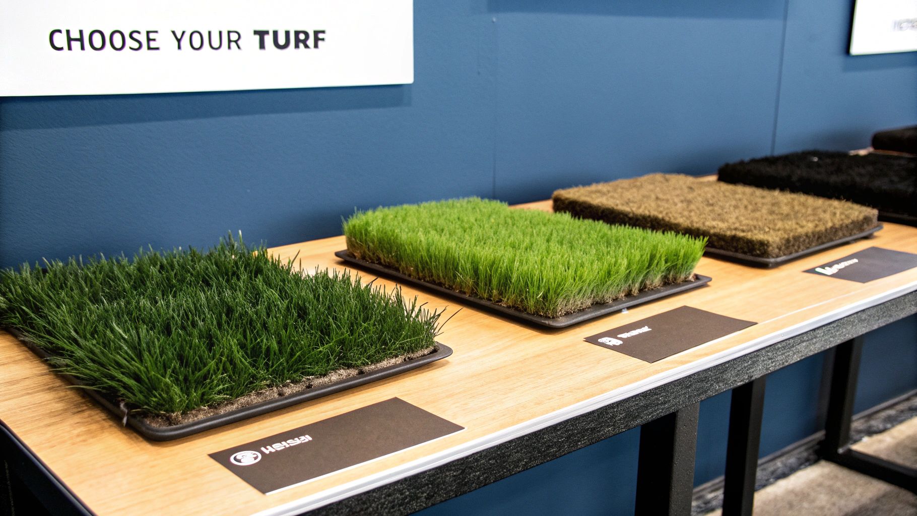 A detailed close-up shot of high-quality artificial turf blades showing their texture and color variation.