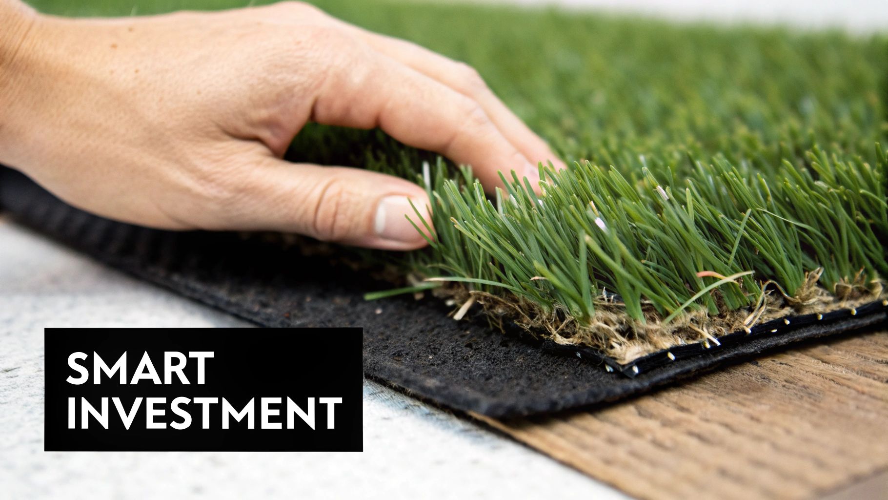 A hand gently touches lush green artificial turf, revealing its detailed texture and layered construction.