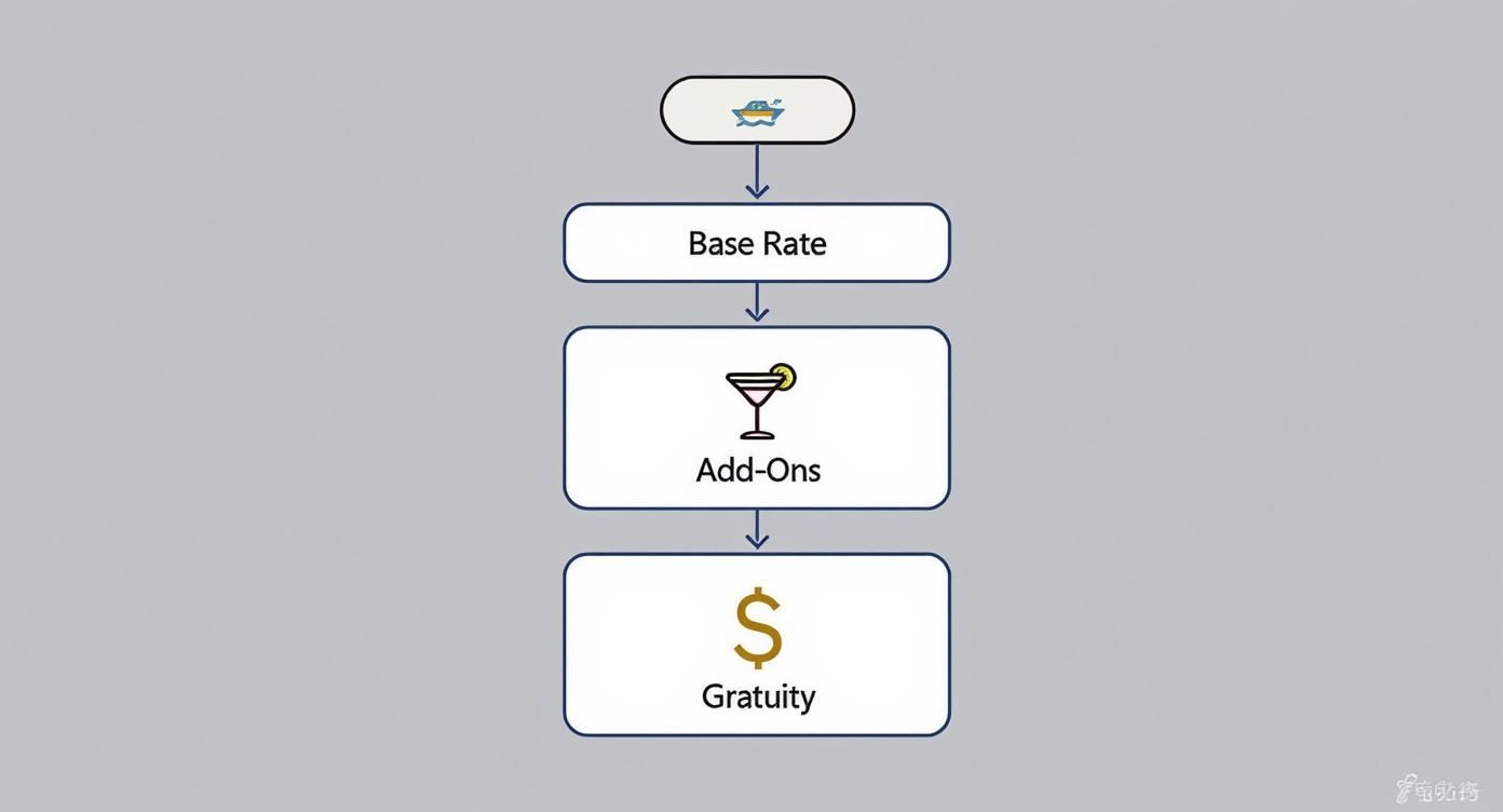 Flowchart detailing yacht charter costs: base rate, add-ons, and gratuity, showing total calculation.