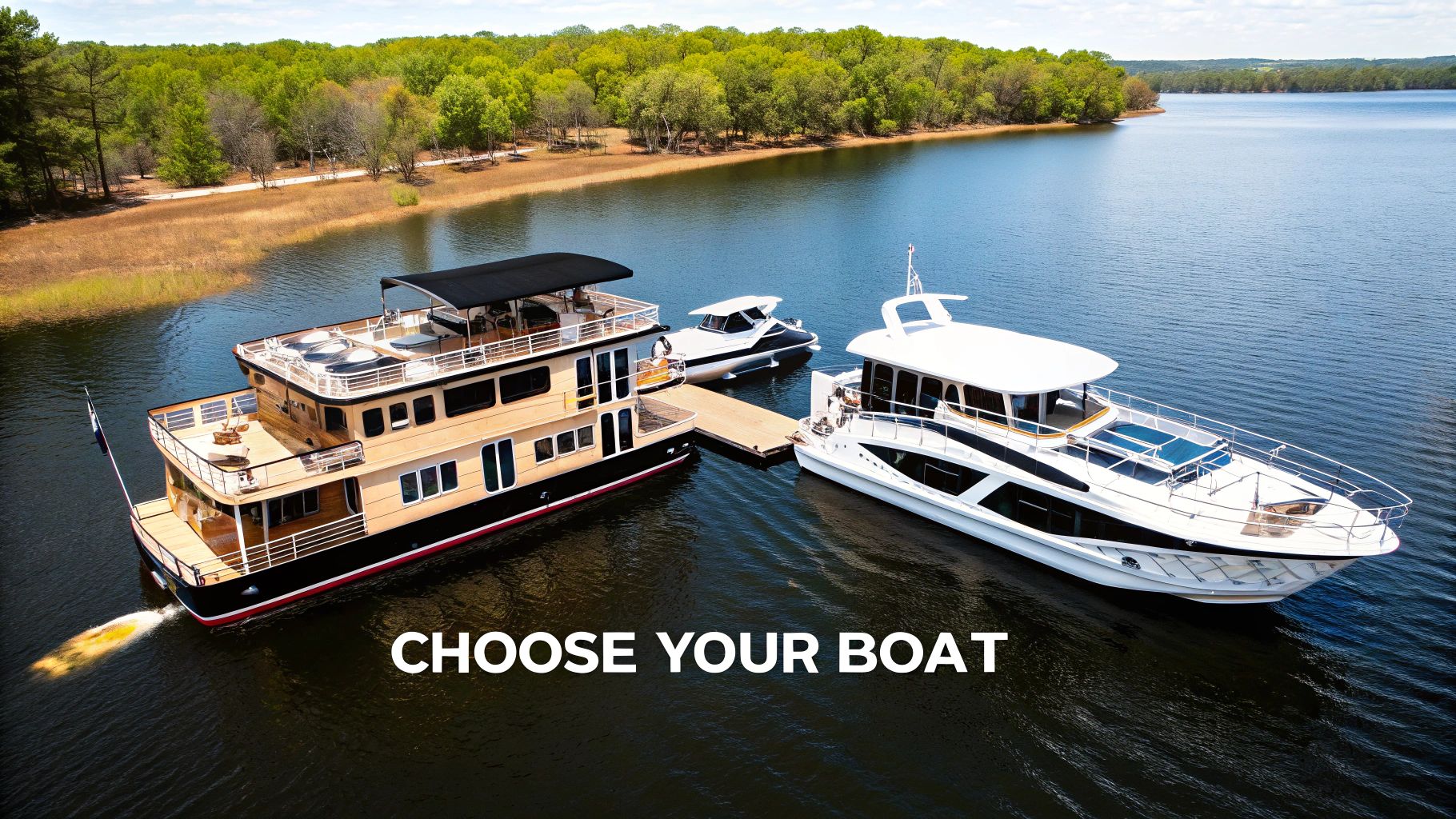 Various boats: a large houseboat, a speed boat, and a modern yacht, on a serene lake.
