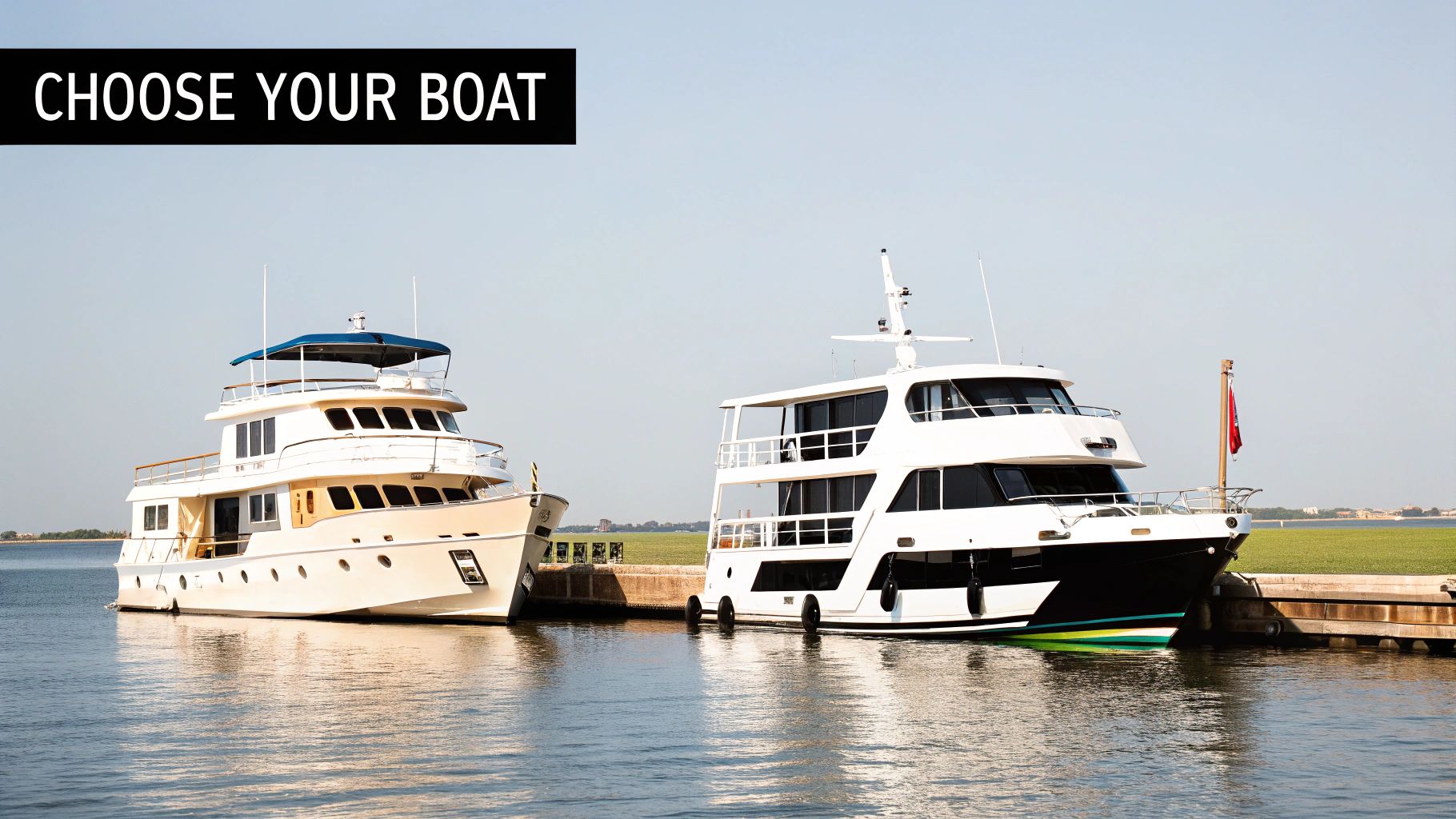 Two large white boats are docked side-by-side on calm water, ready for rental or a party.