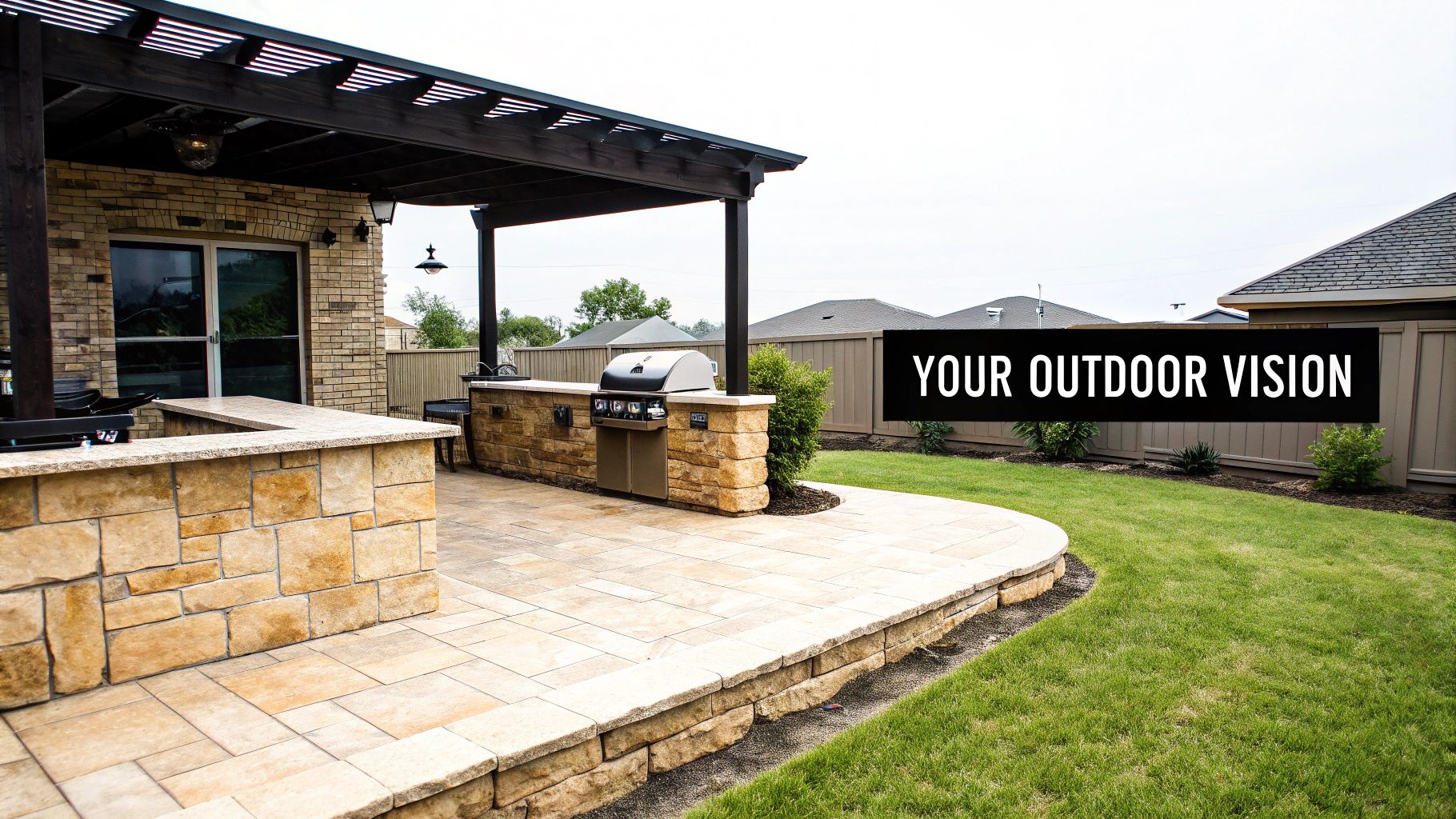 A luxurious outdoor patio featuring a stone kitchen, built-in grill, and a shaded pergola.