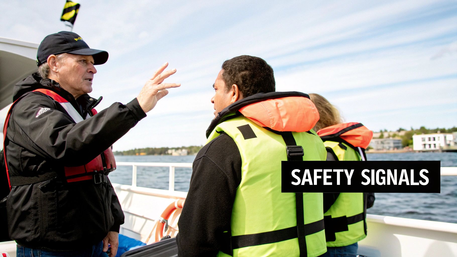 An instructor demonstrates safety signals to two people wearing life jackets on a boat, emphasizing marine safety.
