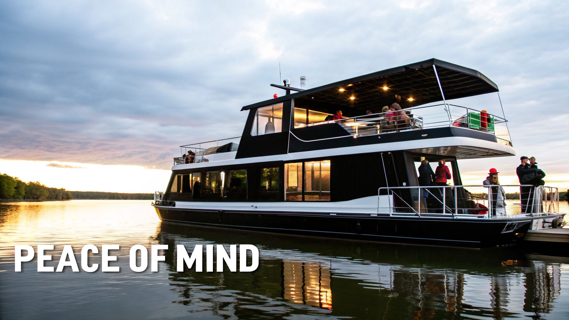 A sleek, modern black and white boat on a calm lake at sunset with people onboard.