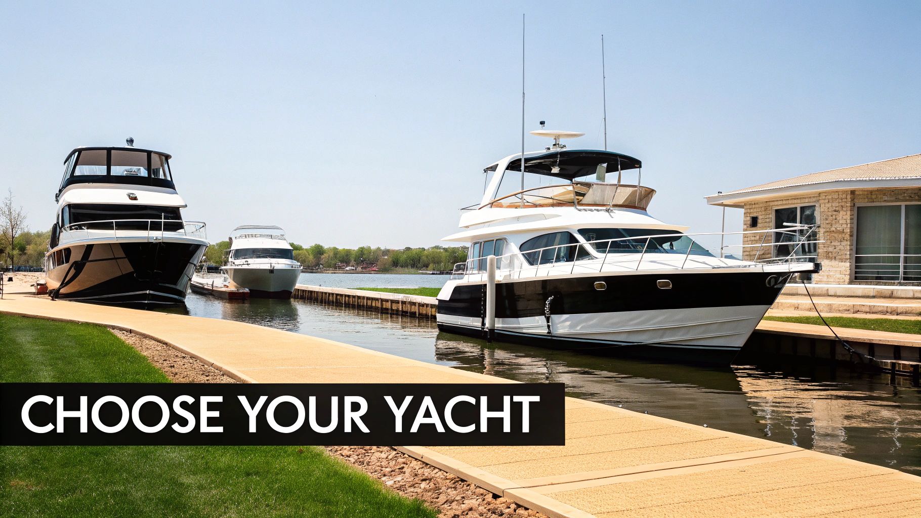 Three luxury yachts are docked along a sunny lake, with a building and walkway nearby.