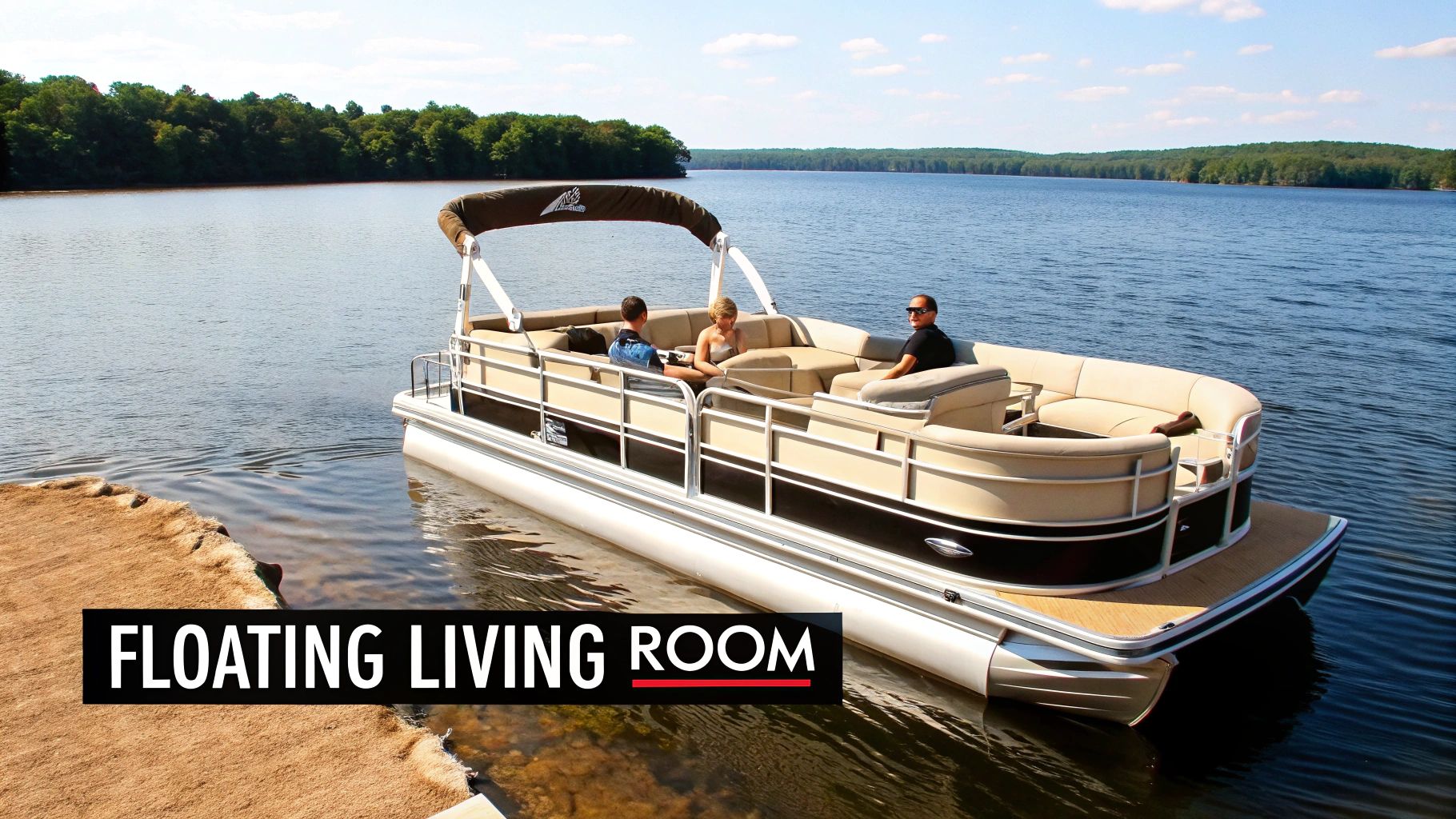 A group of friends enjoying a sunny day on a spacious pontoon boat on a calm lake.