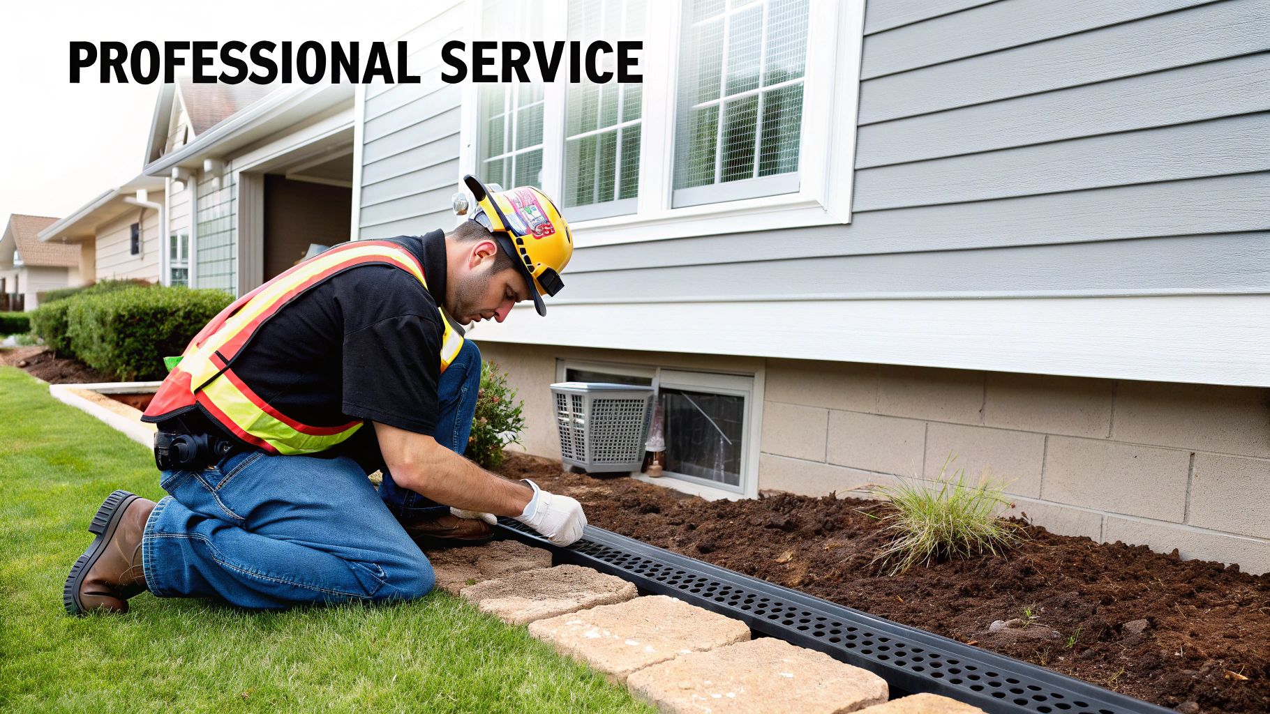 A professional drainage installer digging a trench in a Leander backyard with clay soil.