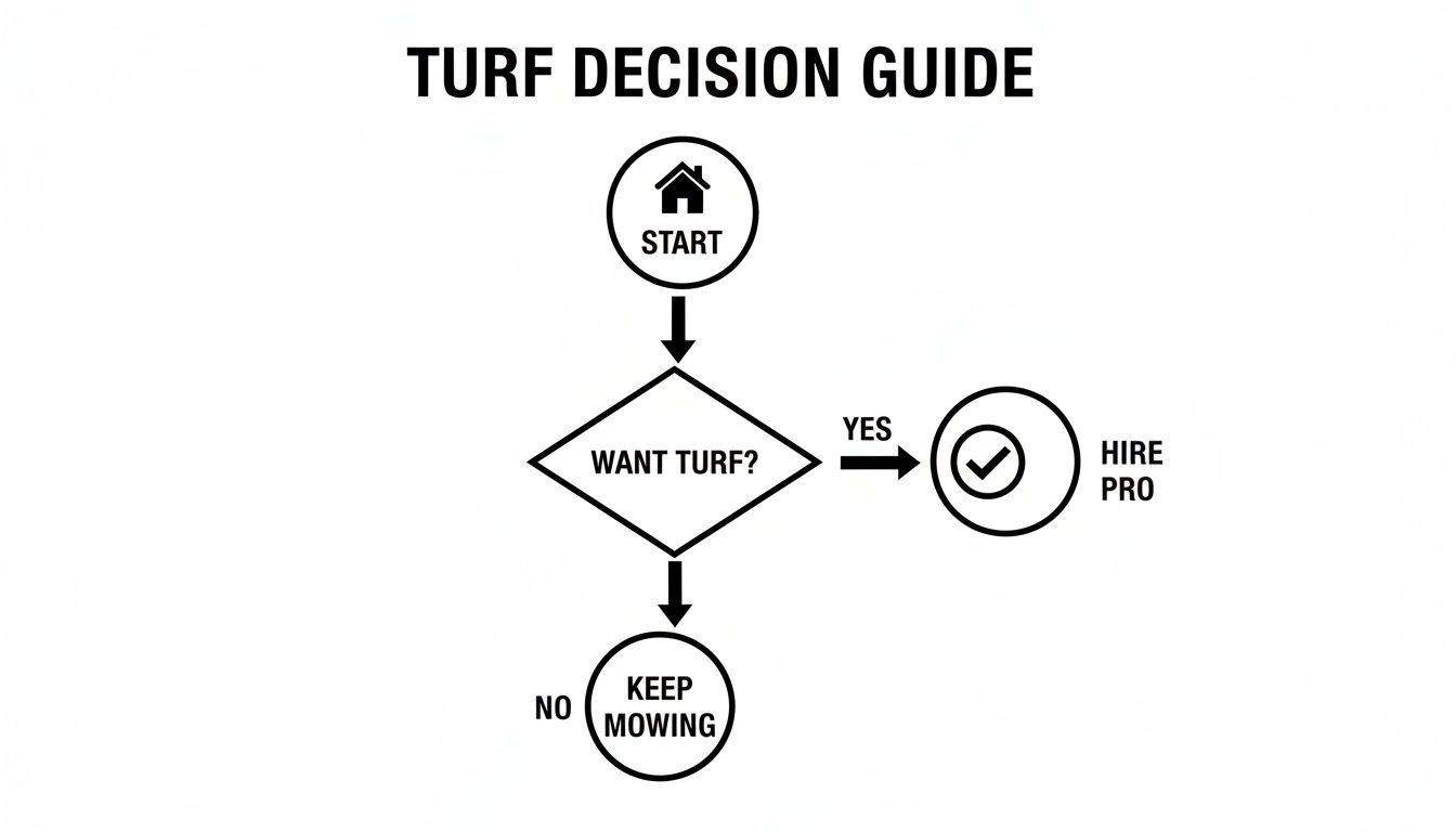 A turf decision guide flowchart illustrating options to hire a pro or keep mowing.