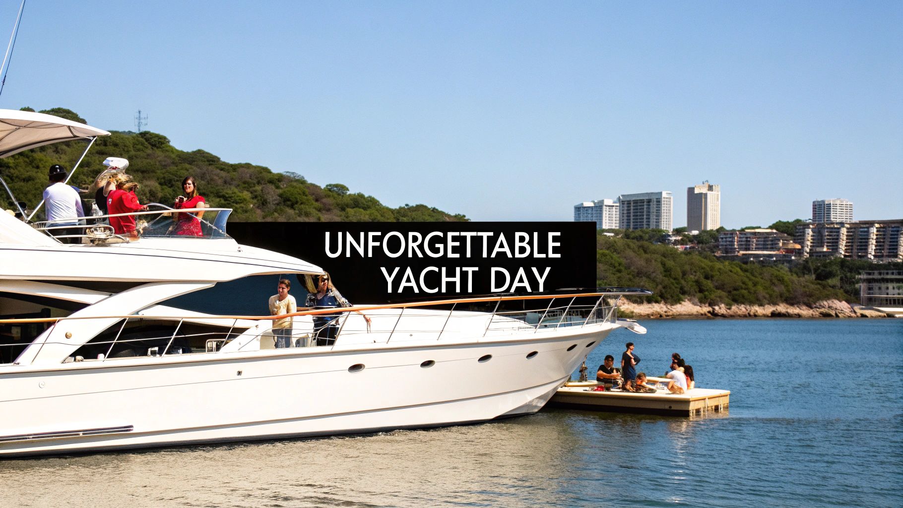 A white luxury yacht filled with people enjoying a sunny day on the water, with a cityscape in the background.