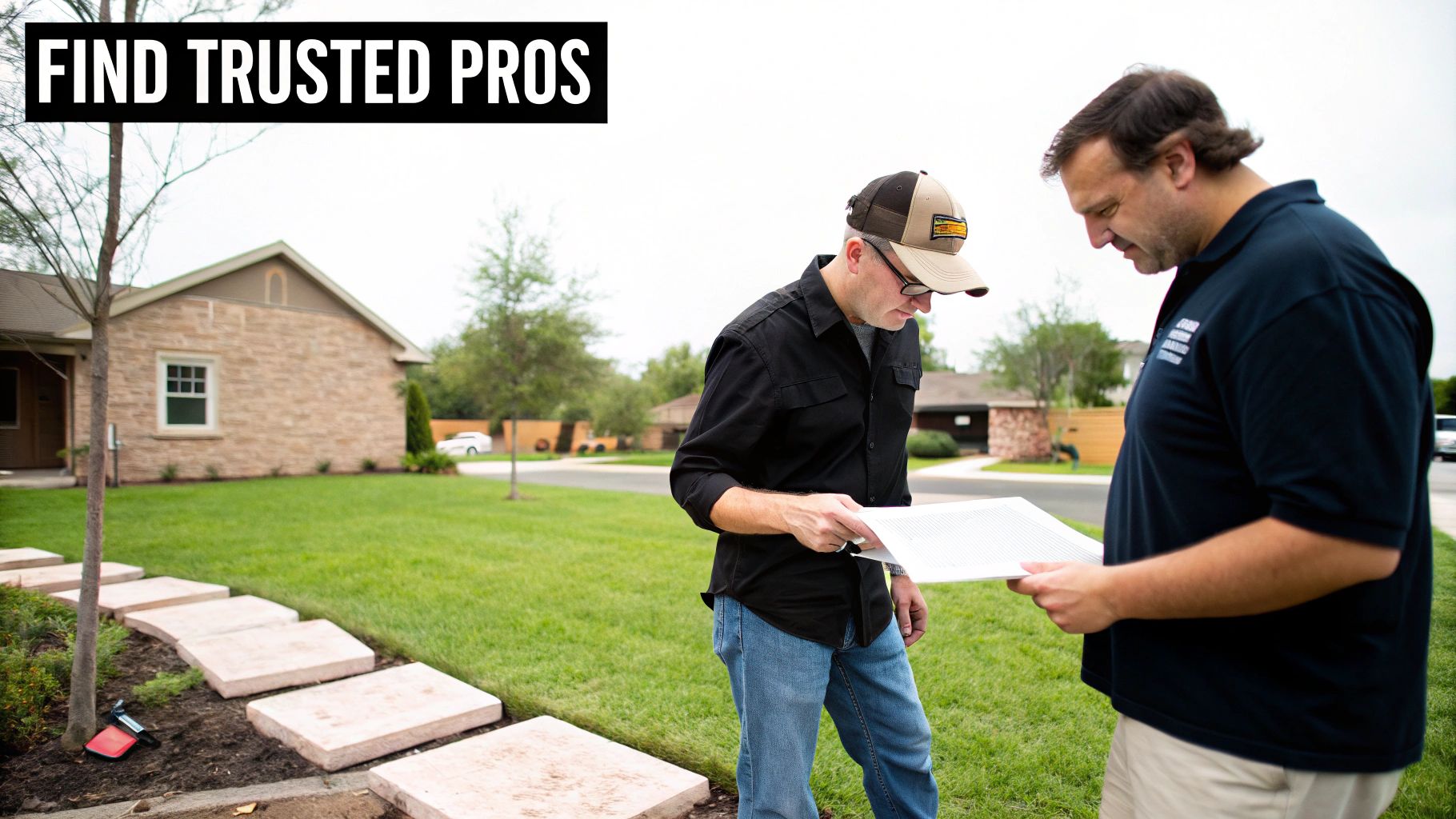 Two professional men, one wearing a cap, discuss documents outdoors in front of a house.