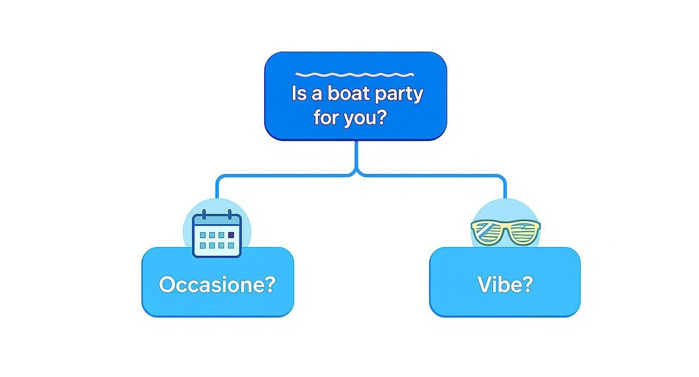 Flowchart asking 'Is a boat party for you?' branching to 'Occasione?' (Occasion) and 'Vibe?' decisions.