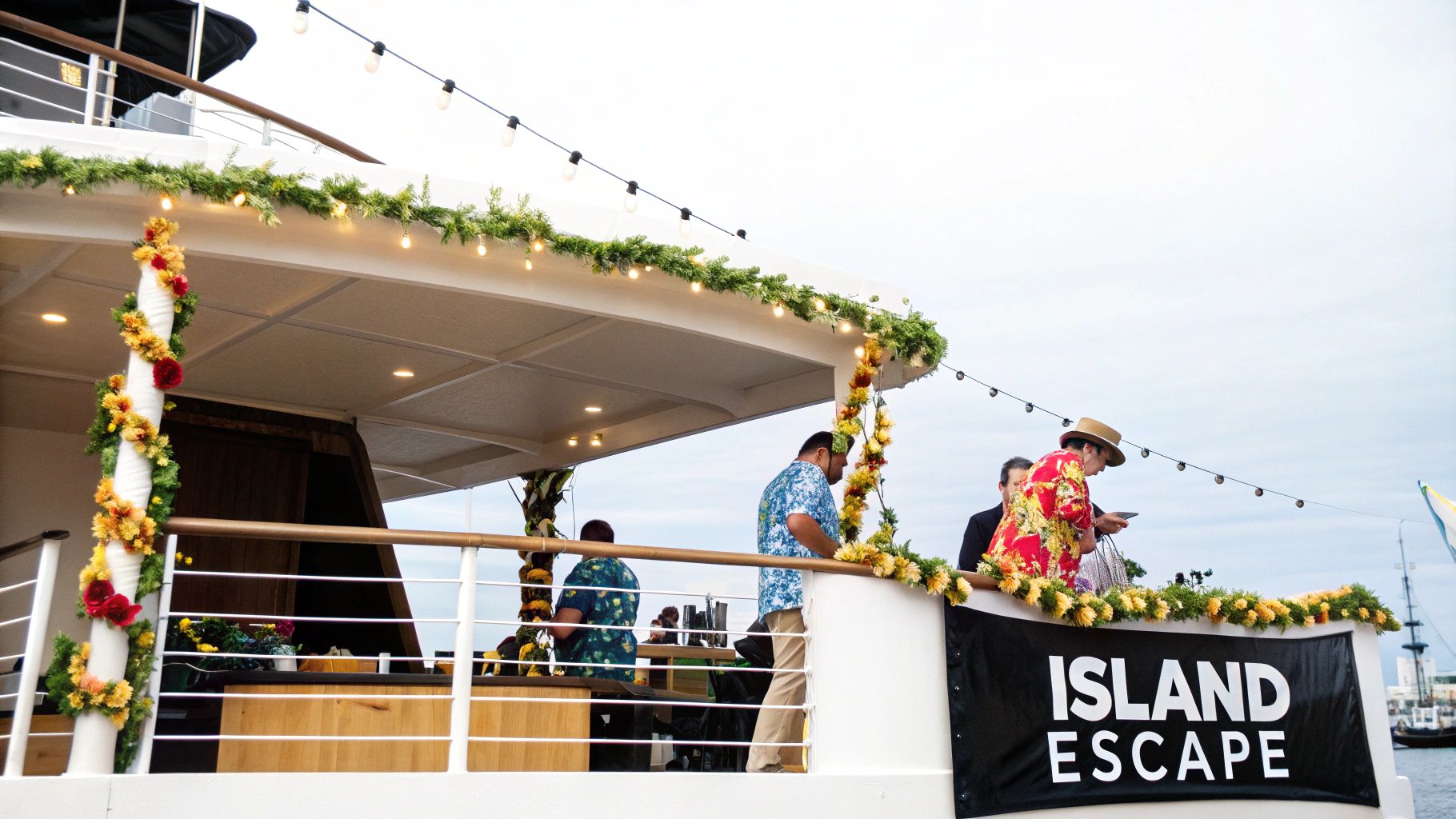 A boat decorated with garlands, flowers, and string lights for an 'Island Escape' themed event.