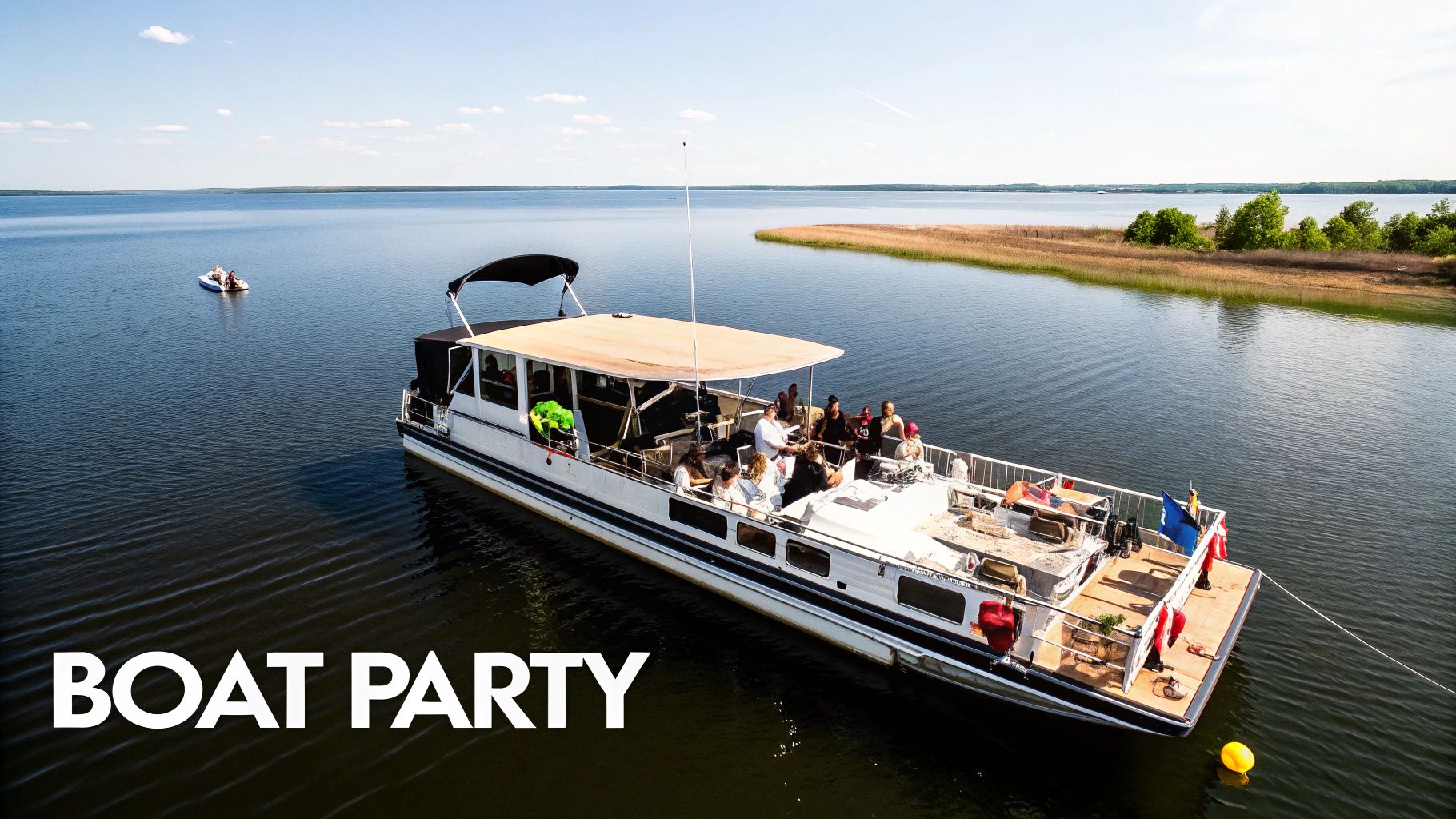 Group of friends celebrating on large pontoon boat party on calm lake waters