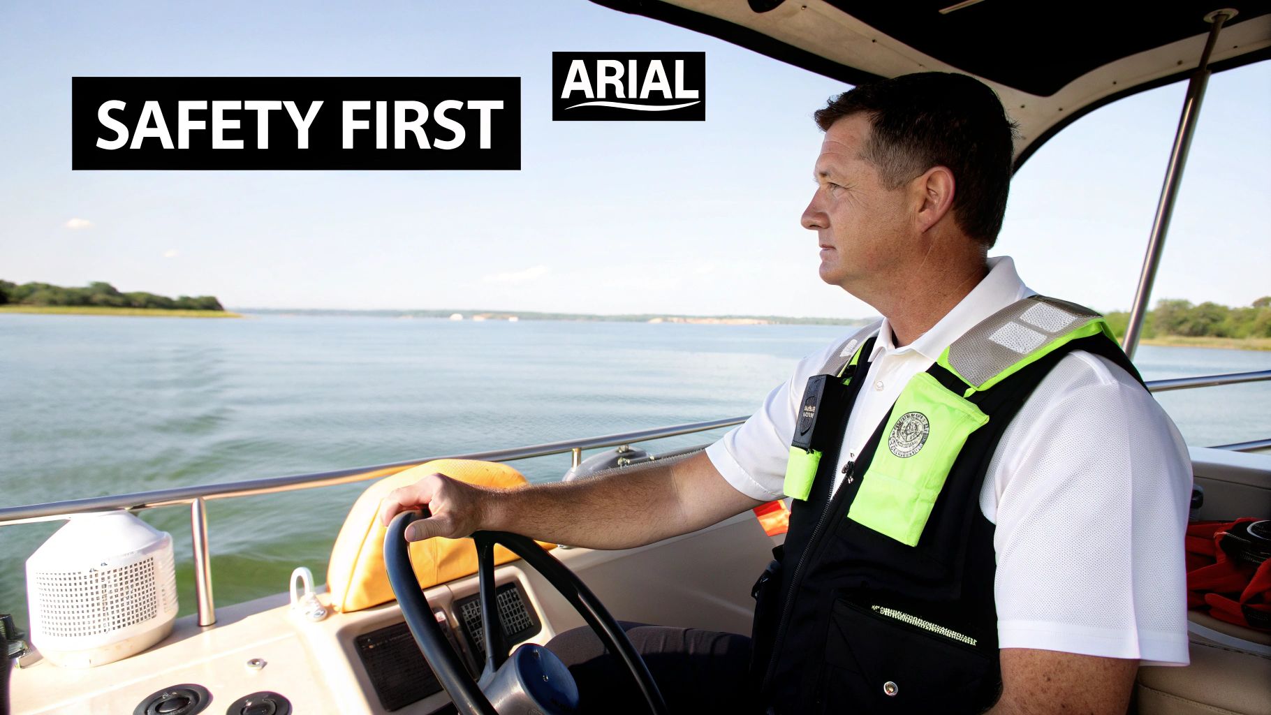 A man in a life vest steers a boat on a sunny lake with a 'SAFETY FIRST' banner.