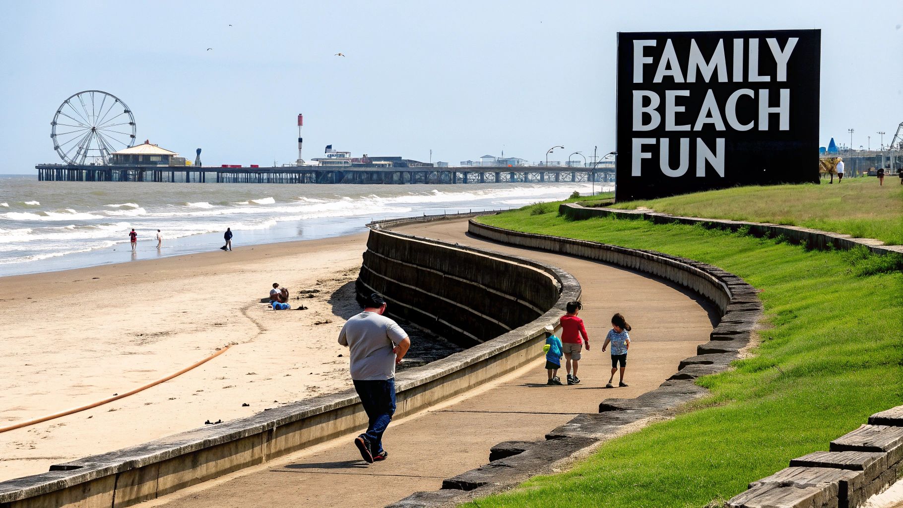 People enjoying a sunny day at a Texas beach with a pier, Ferris wheel, and a 'FAMILY BEACH FUN' sign.