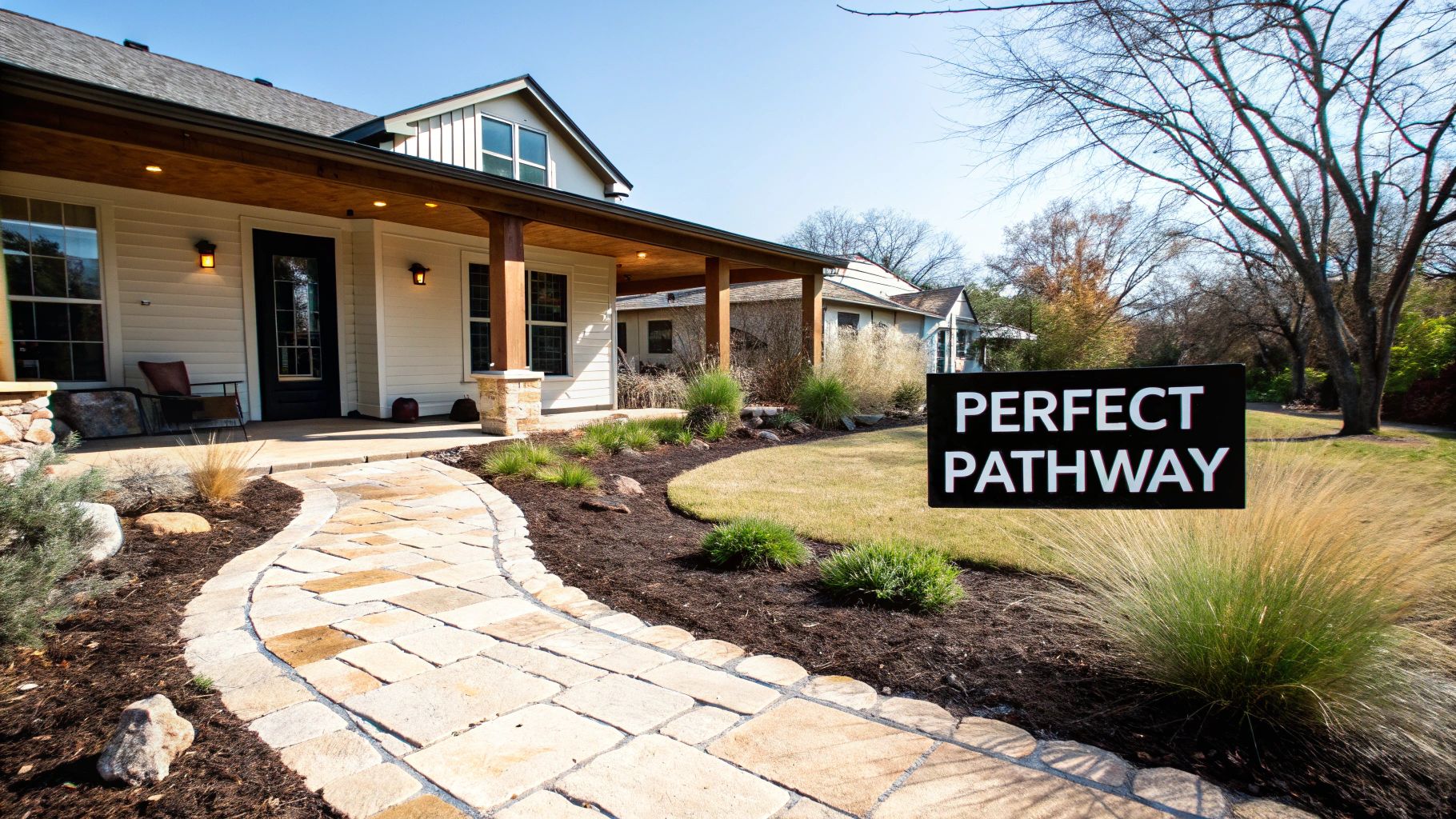 A newly installed natural stone paver pathway curves towards a modern house with a welcoming porch and vibrant landscaping.