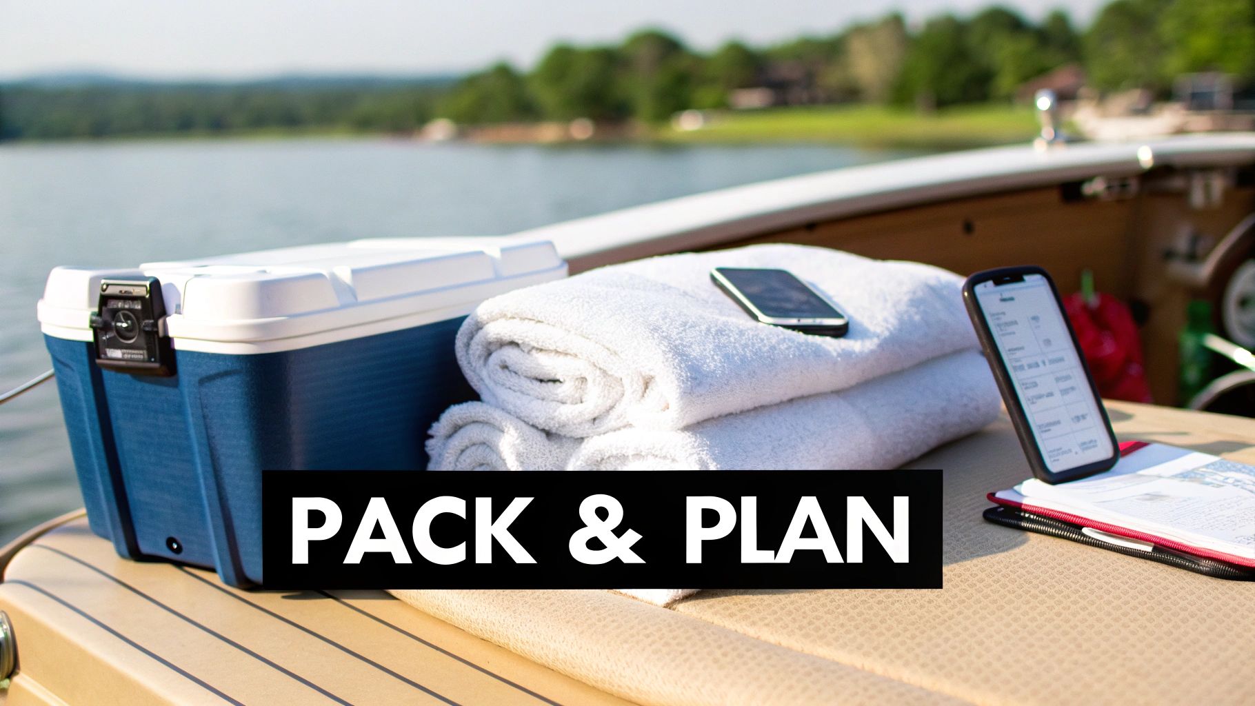 A boat deck with a cooler, rolled towels, and smartphones, symbolizing packing and planning for a lake trip.