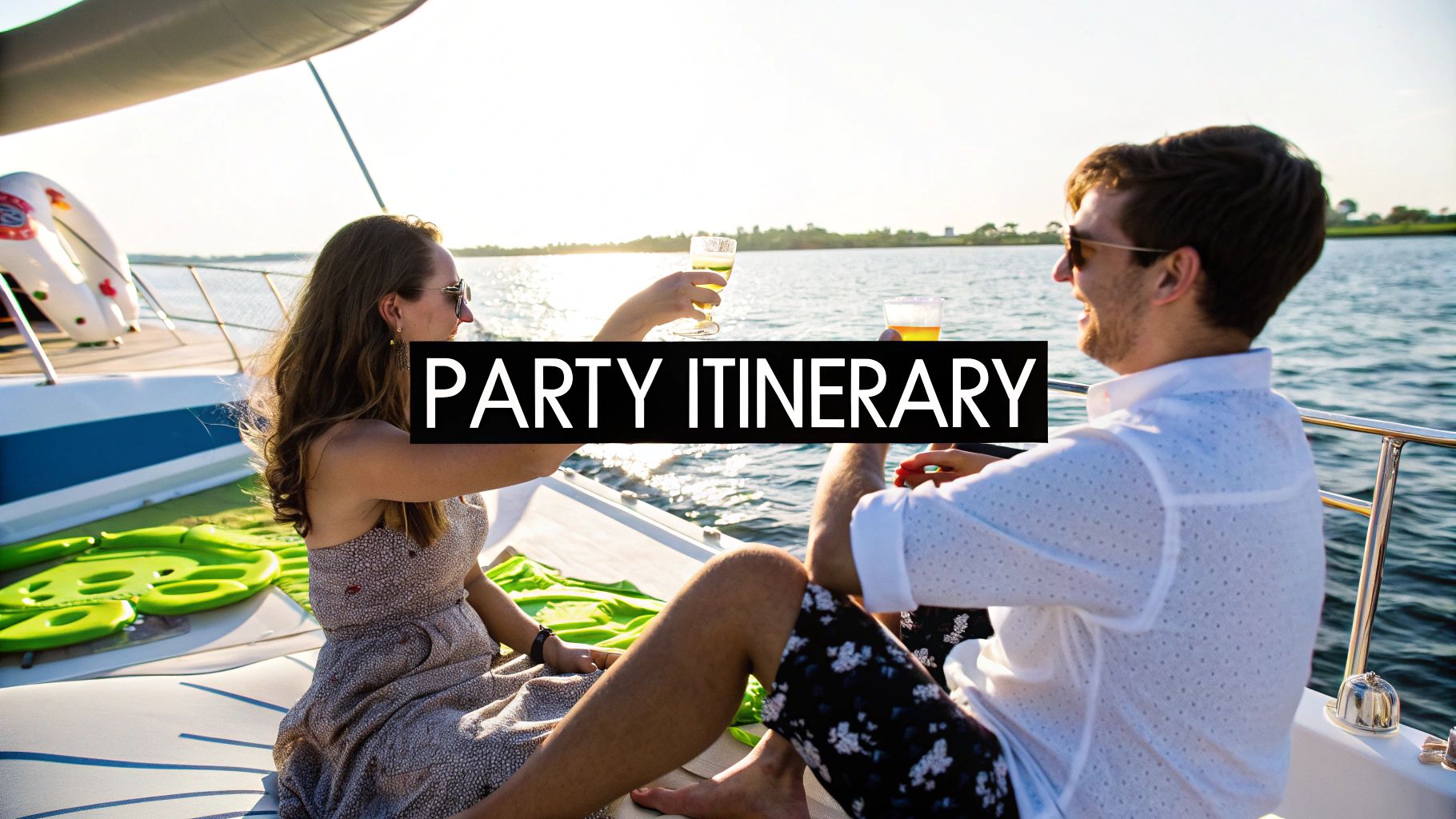 Two friends on a boat toast with drinks, enjoying a sunny party itinerary on the water.