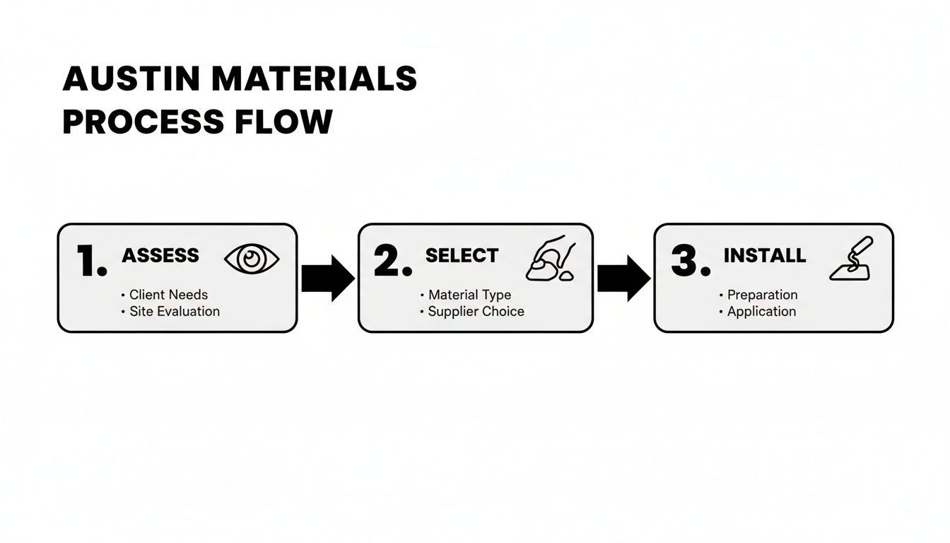 A three-step process flow for Austin Materials: Assess, Select, and Install, with detailed sub-steps.