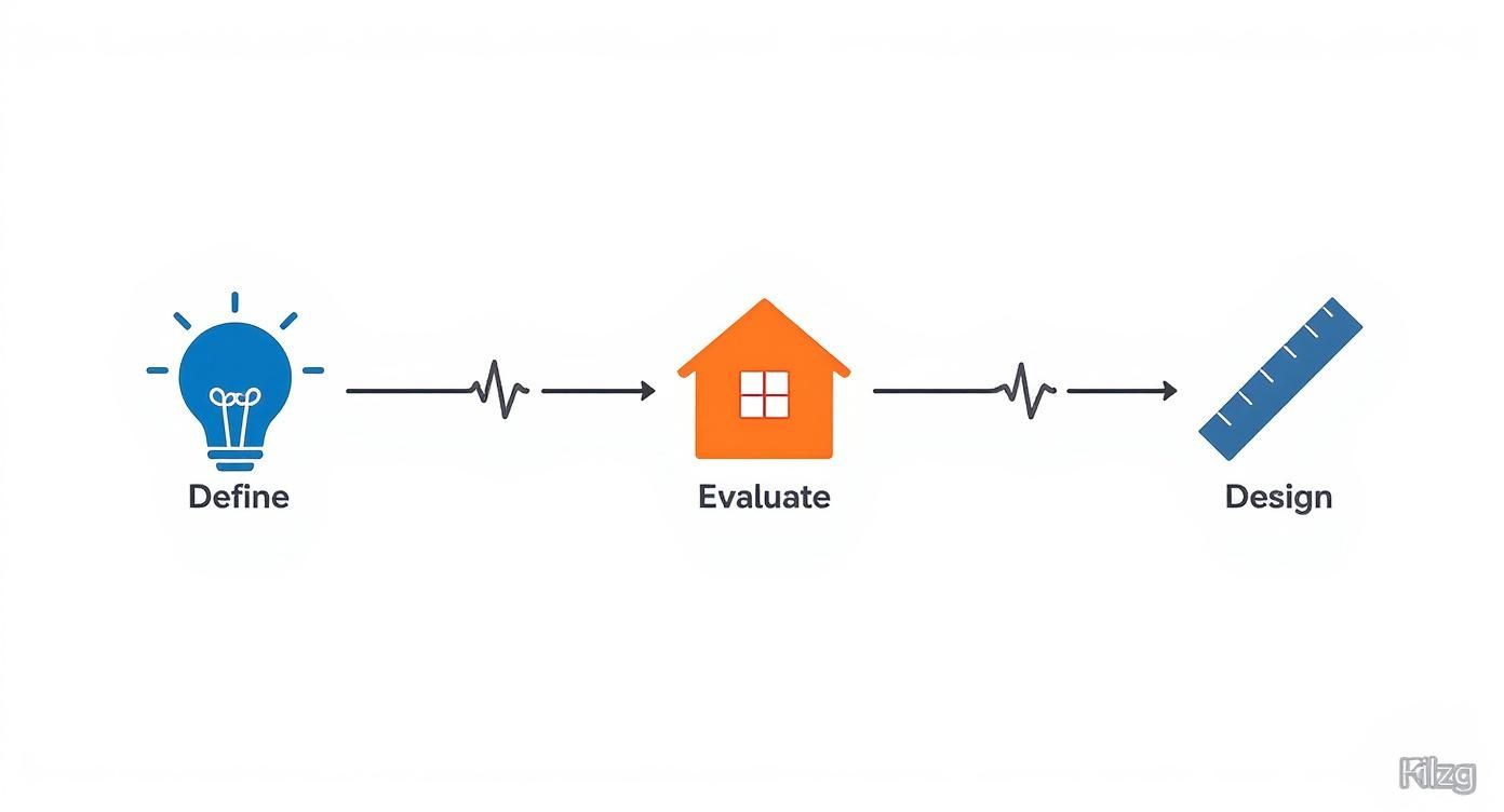 A three-step process: Define with a lightbulb, Evaluate with a house, and Design with a ruler, connected by arrows.