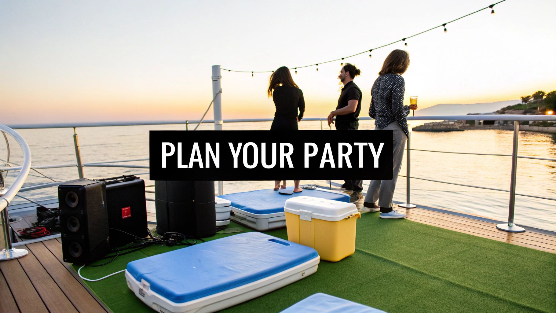 Guests enjoying a party on a yacht at sunset with 'PLAN YOUR PARTY' text, music equipment, and coolers.
