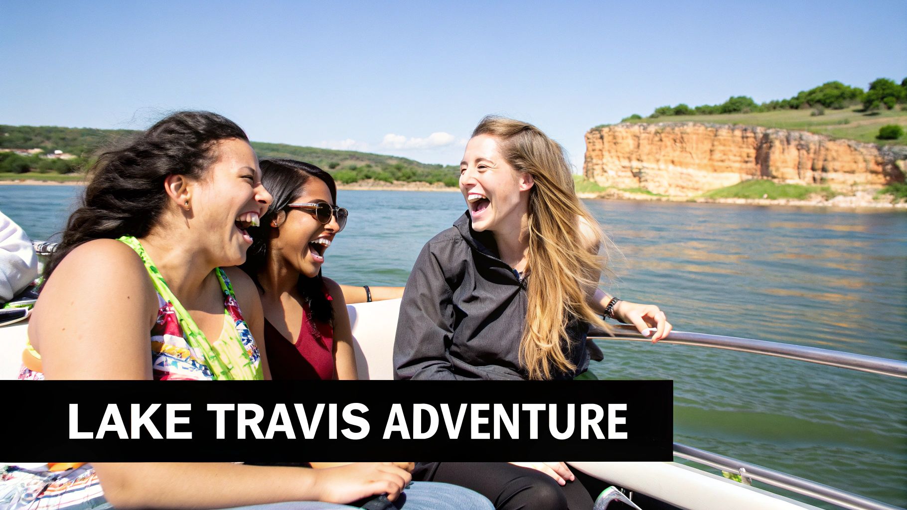 Three happy women laughing on a boat on Lake Travis, enjoying a sunny adventure.