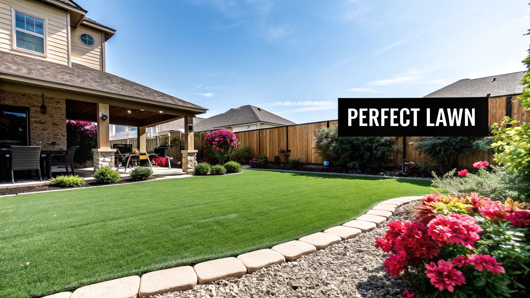 A perfectly installed artificial turf lawn in a residential backyard, showcasing its lush green appearance.