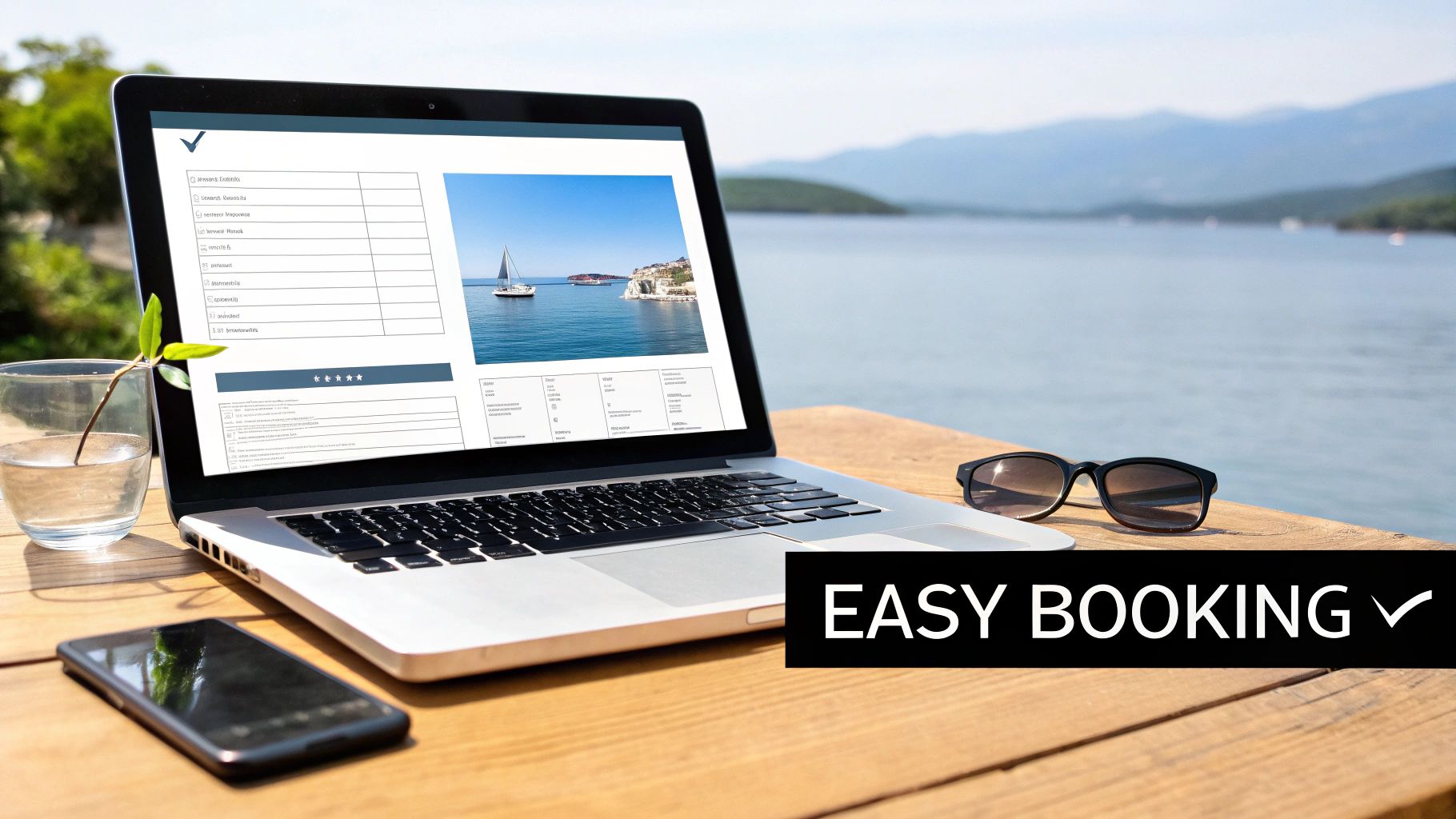 A laptop on a wooden table with a scenic sea view, displaying a sailboat image and booking interface. Sunglasses, a phone, and a glass of water are also on the table. The text 'EASY BOOKING ✓' is overlaid.