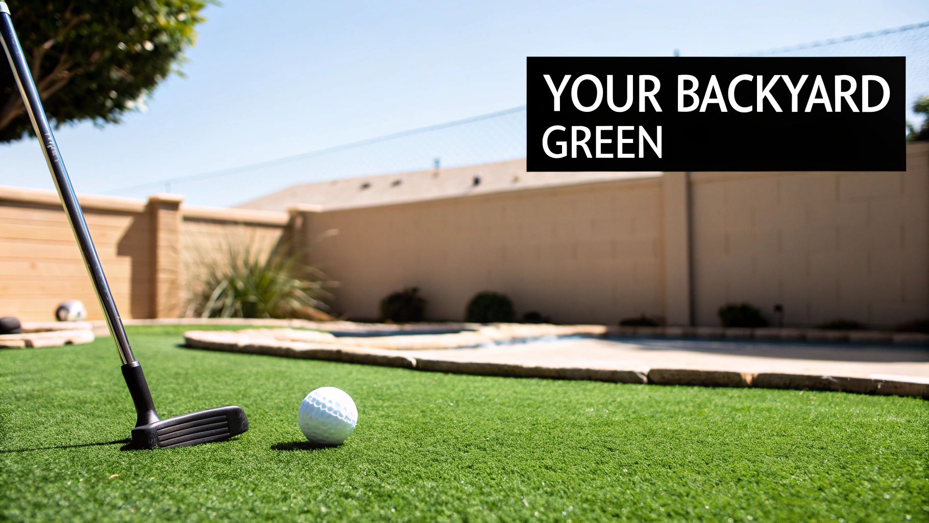 A backyard artificial turf putting green with a golf putter and ball on a sunny day.