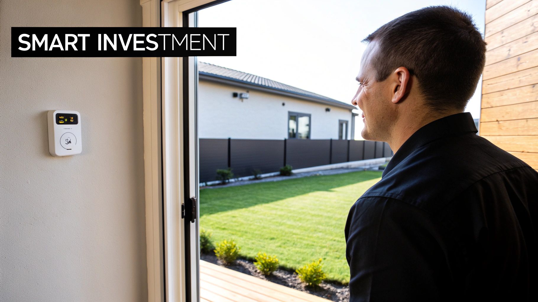 A man in a black shirt looks out a window at a green backyard with a smart home device on the wall.