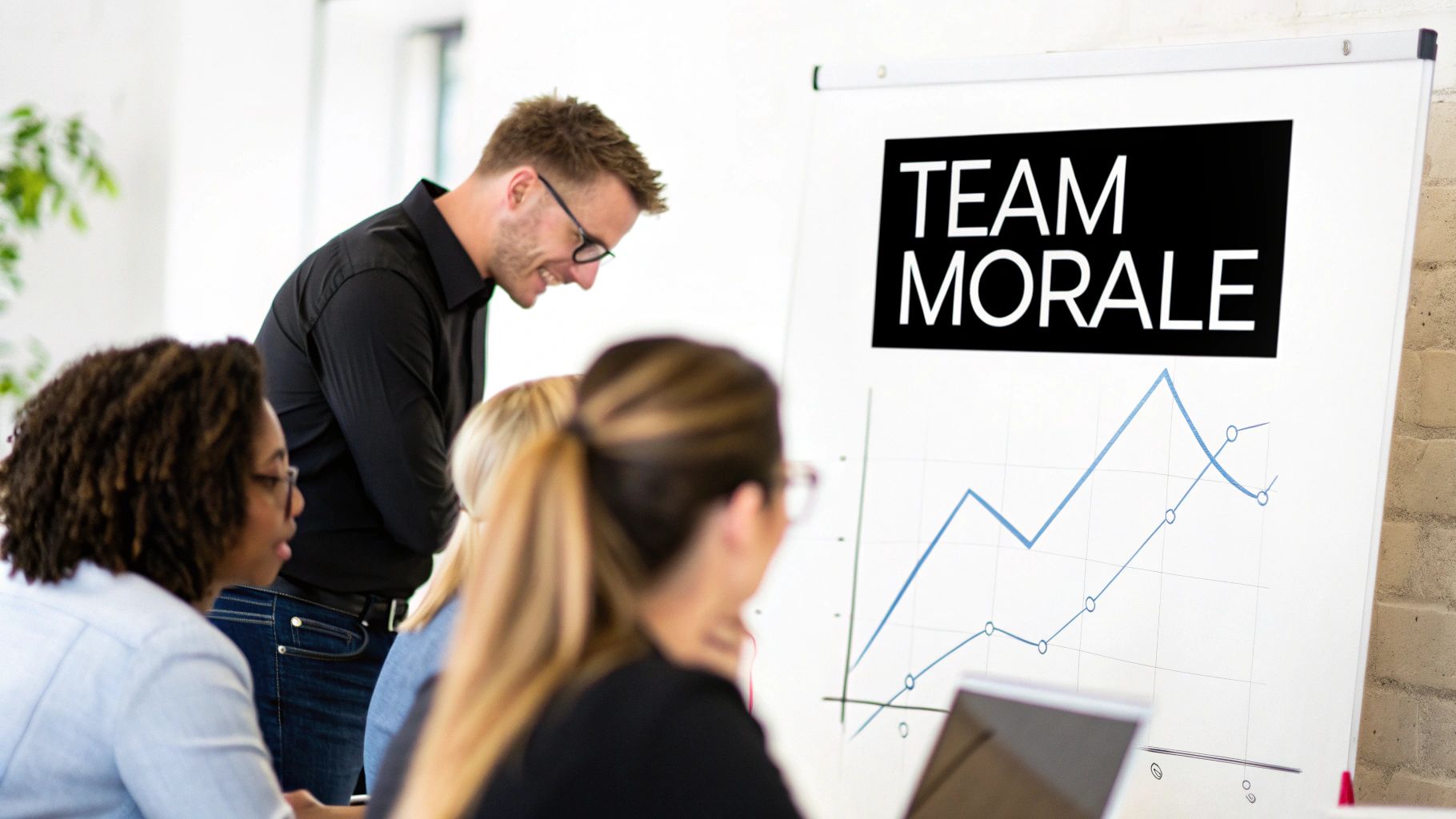 Business professionals analyzing a 'TEAM MORALE' graph on a whiteboard during a meeting.