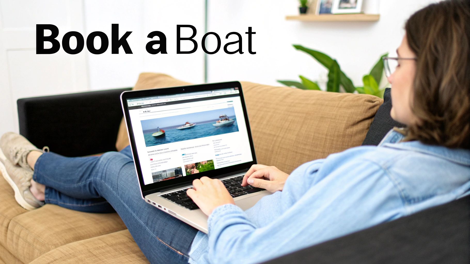 A person happily browsing boat rental options on a tablet.