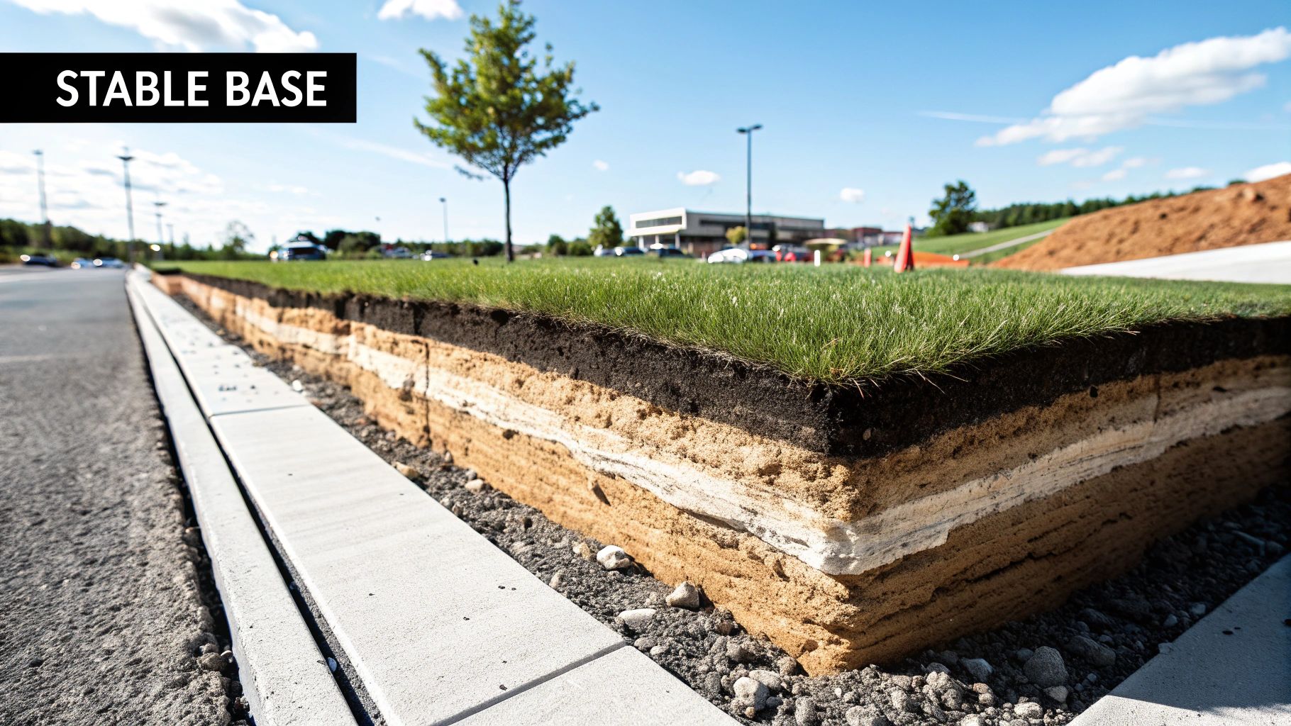 A cross-section reveals distinct layers of soil and sand beneath green grass, showcasing a stable base next to a concrete paver drain.