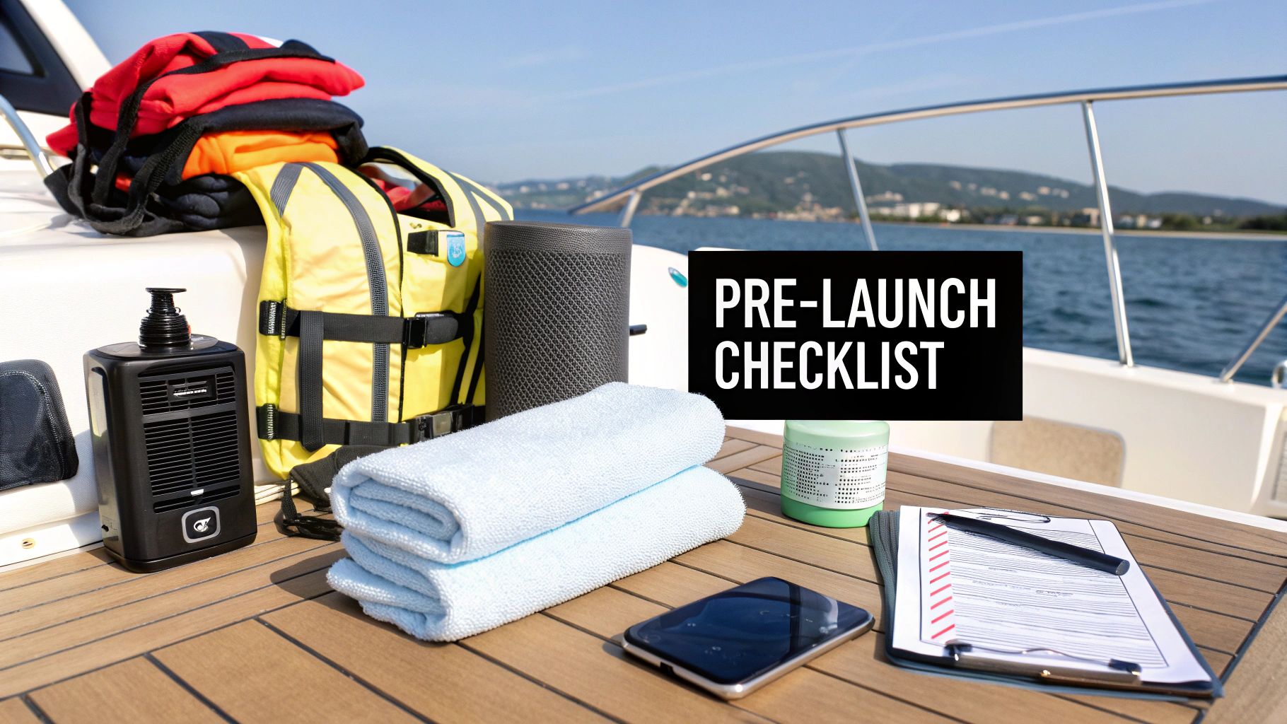 Boat deck with life jackets, towels, speaker, and a pre-launch checklist for a trip.