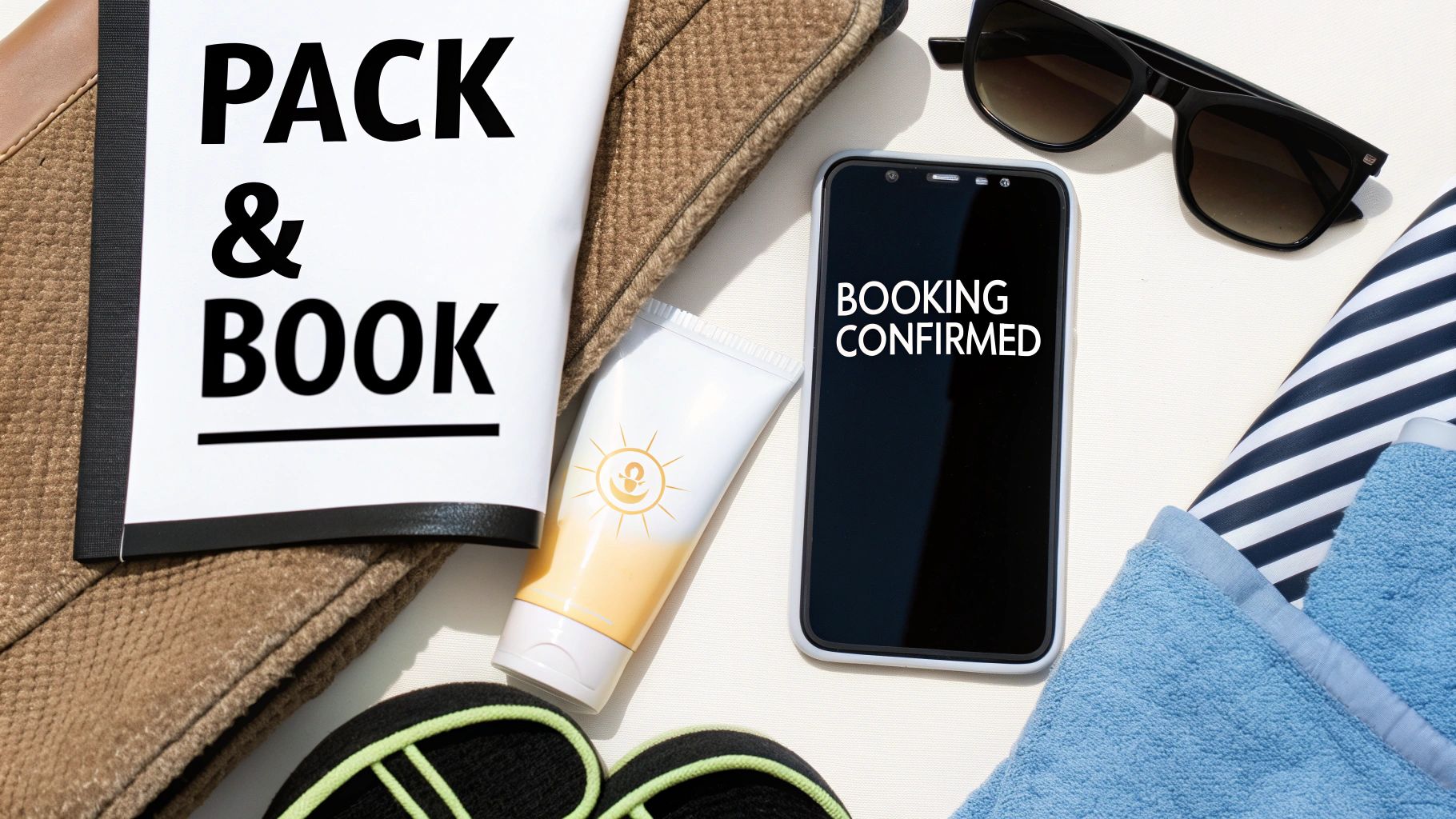 Flat lay of travel essentials including a notebook, smartphone with 'Booking Confirmed', sunglasses, and sunscreen.